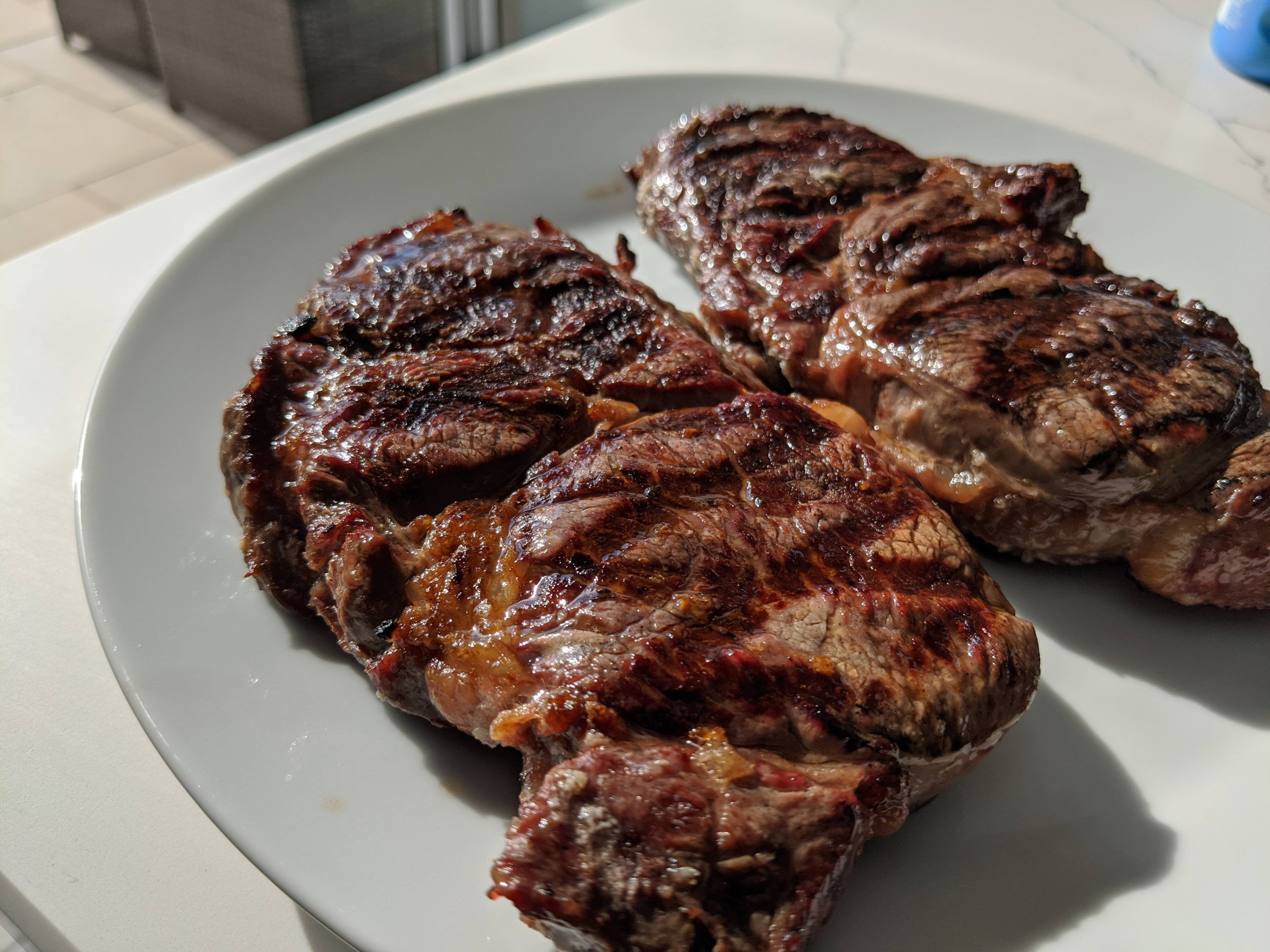 Ribeye steak, 350F for 230 each side on the big green egg Dining and
