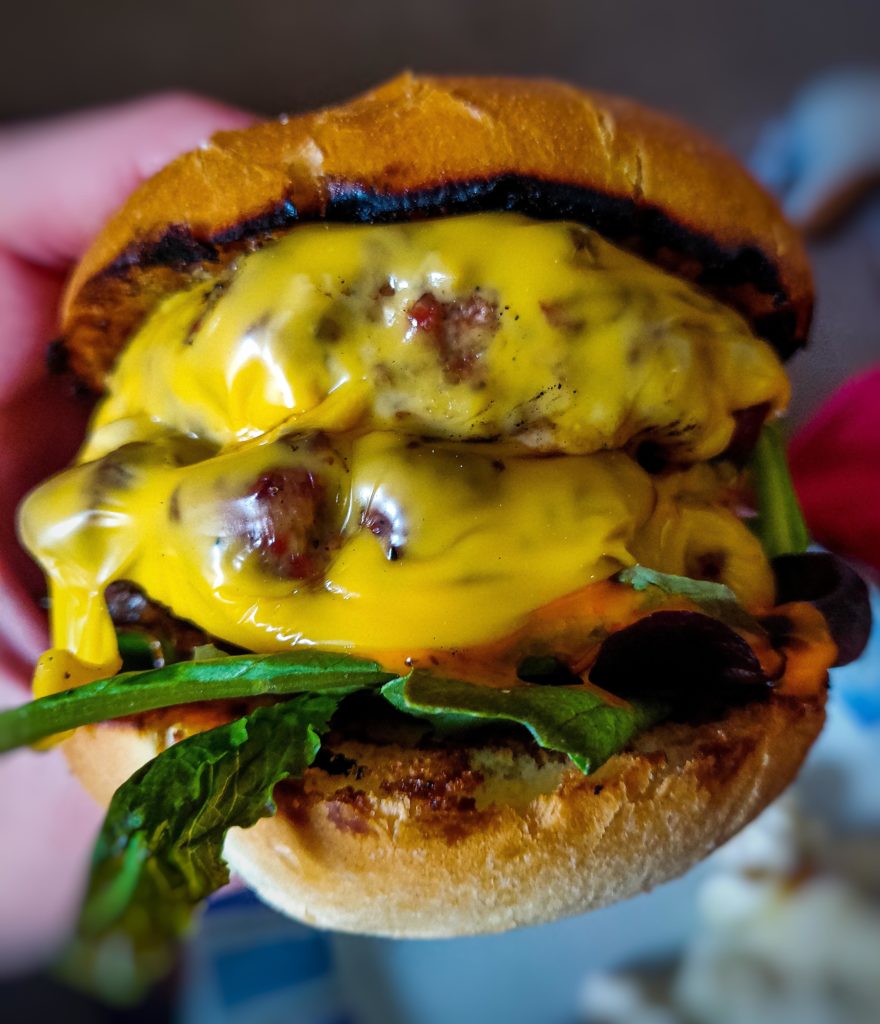 No photos of the meat on the grill but here's a Double Cheeseburger i made today!