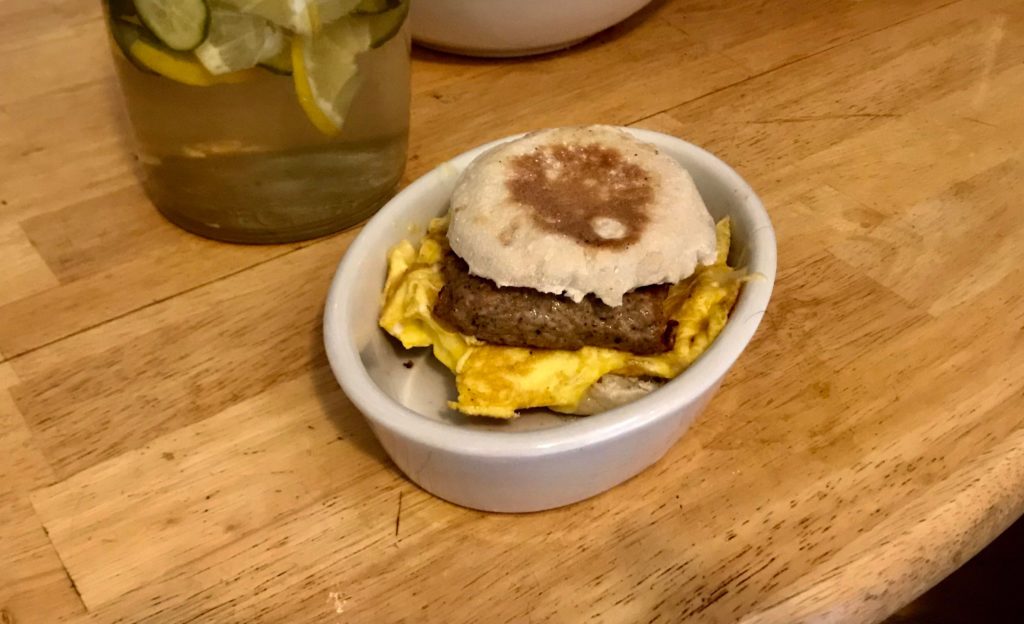 SE&C with maple chicken sausage, sharp white cheddar inside egg fold and a Thomas’.