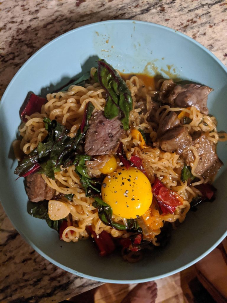 Dry ramen using Shin black, leftover ribeye, cherry tomatoes, and chard