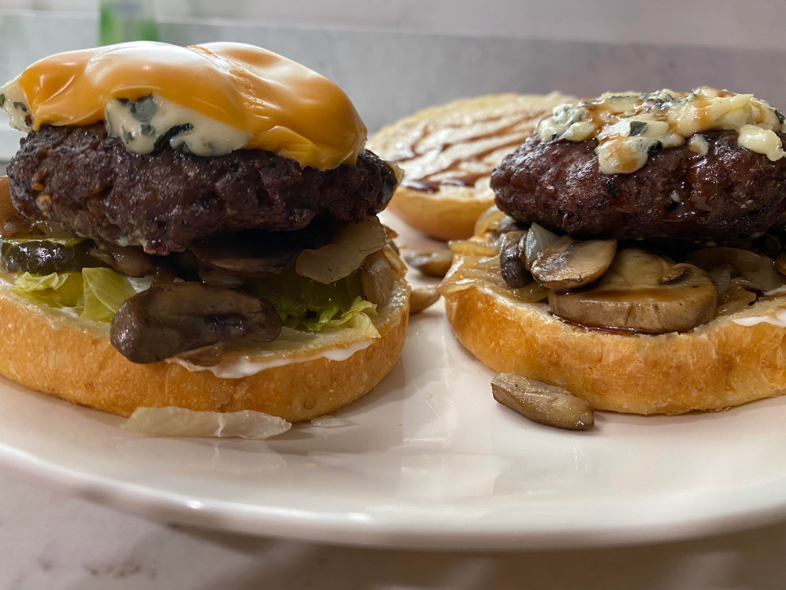 Homemade blue cheeseburgers with caramelized onions and mushrooms & a