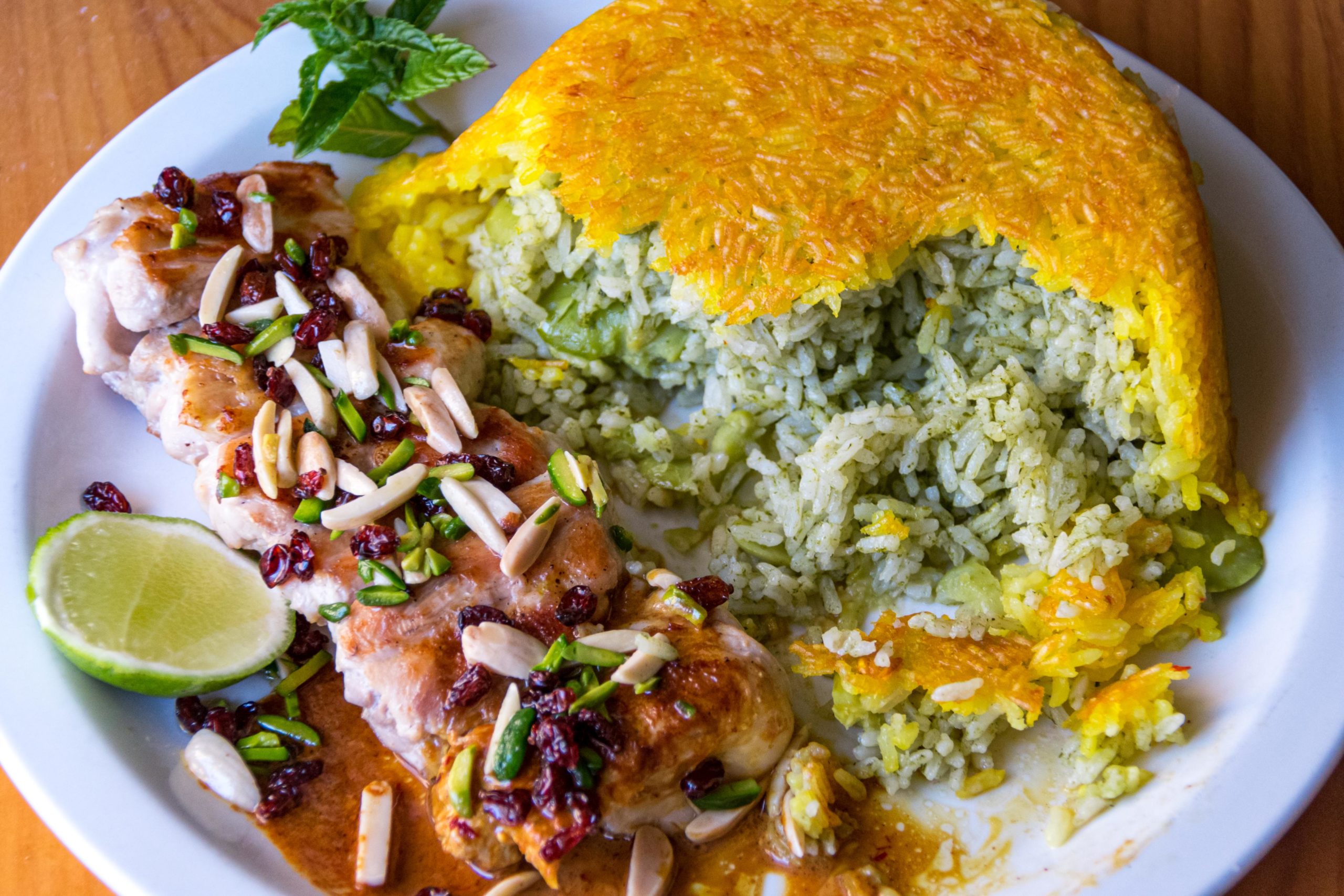 Persian chicken kebab with fava bean and dill rice. Dining and Cooking