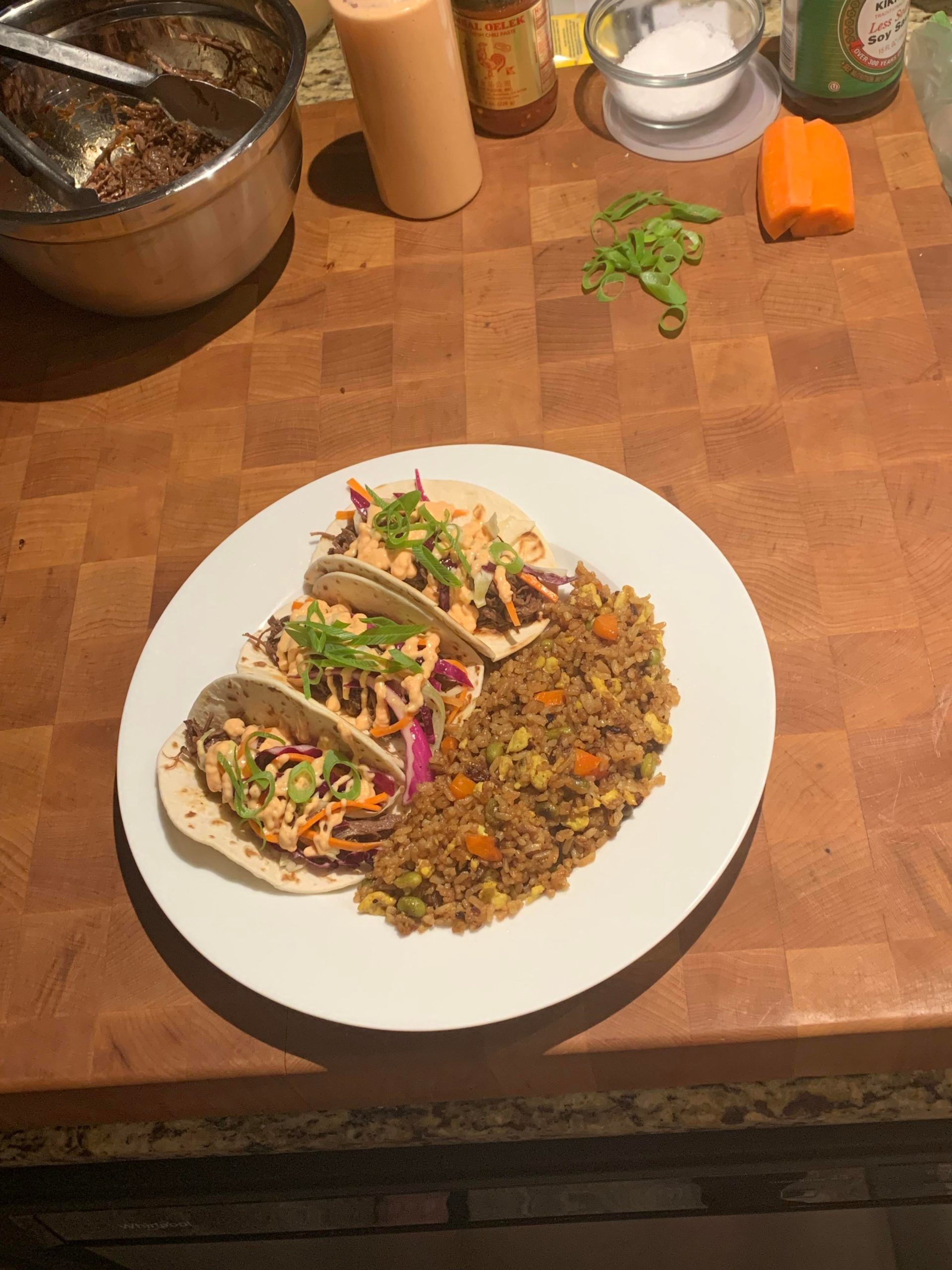 Korean short rib tacos with a side of fried rice. This one is a keeper