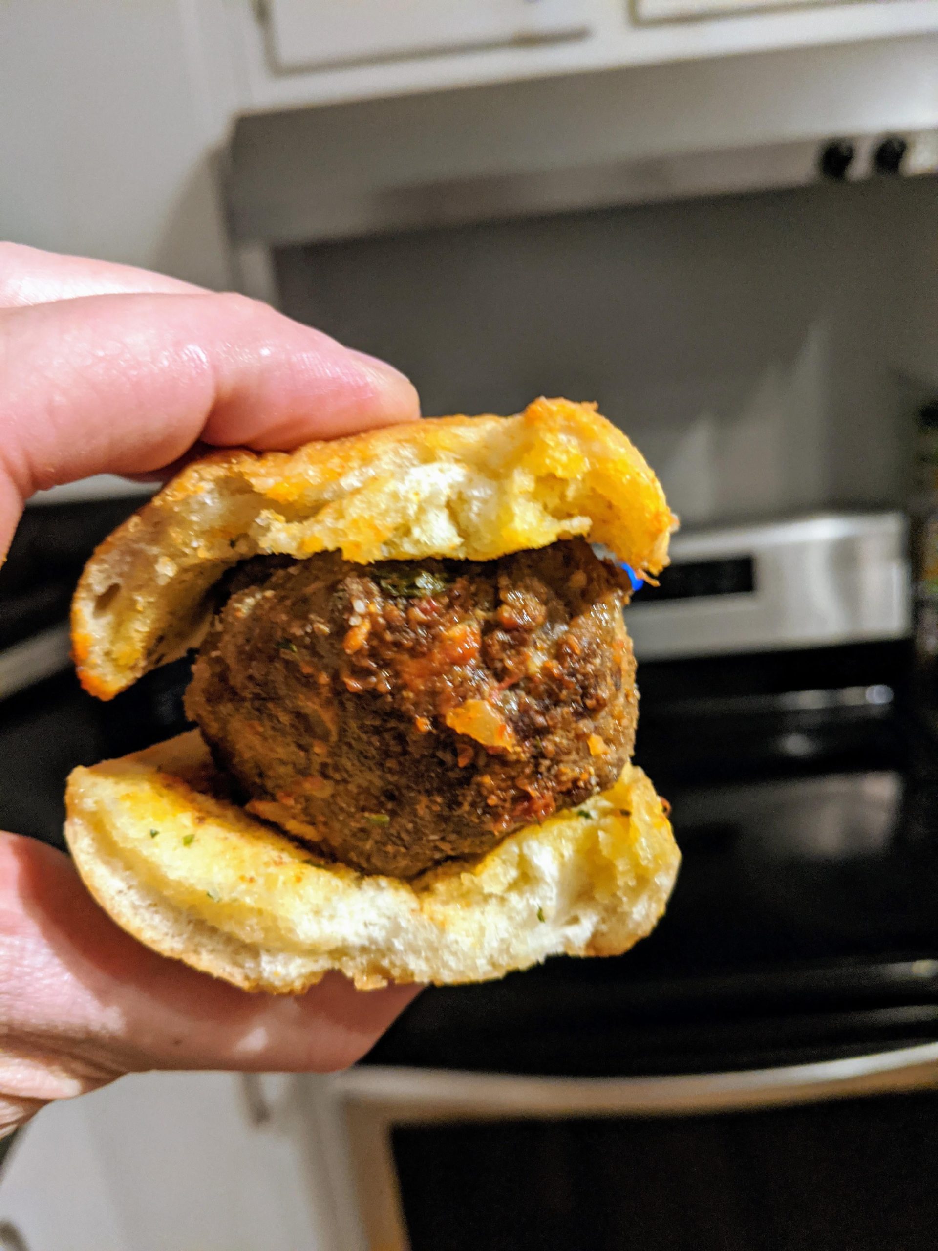 Best meatball sandwich ever. Beef on storebought frozen, garlic bread. pepperidgefarm Dining