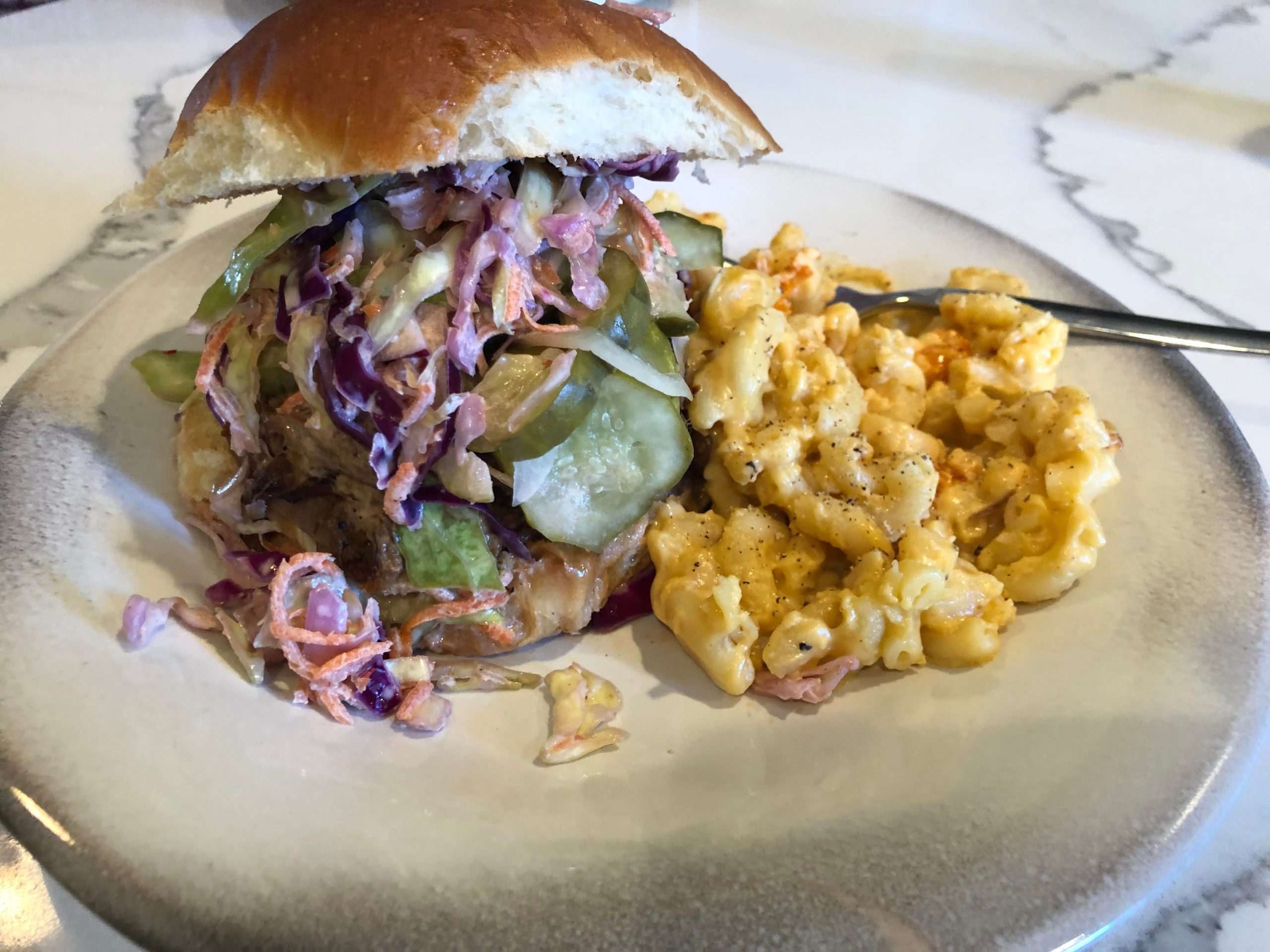 Brisket & Sausage Sandwich with Slaw and Pickles from Blue Pit BBQ in Baltimore, MD Dining and