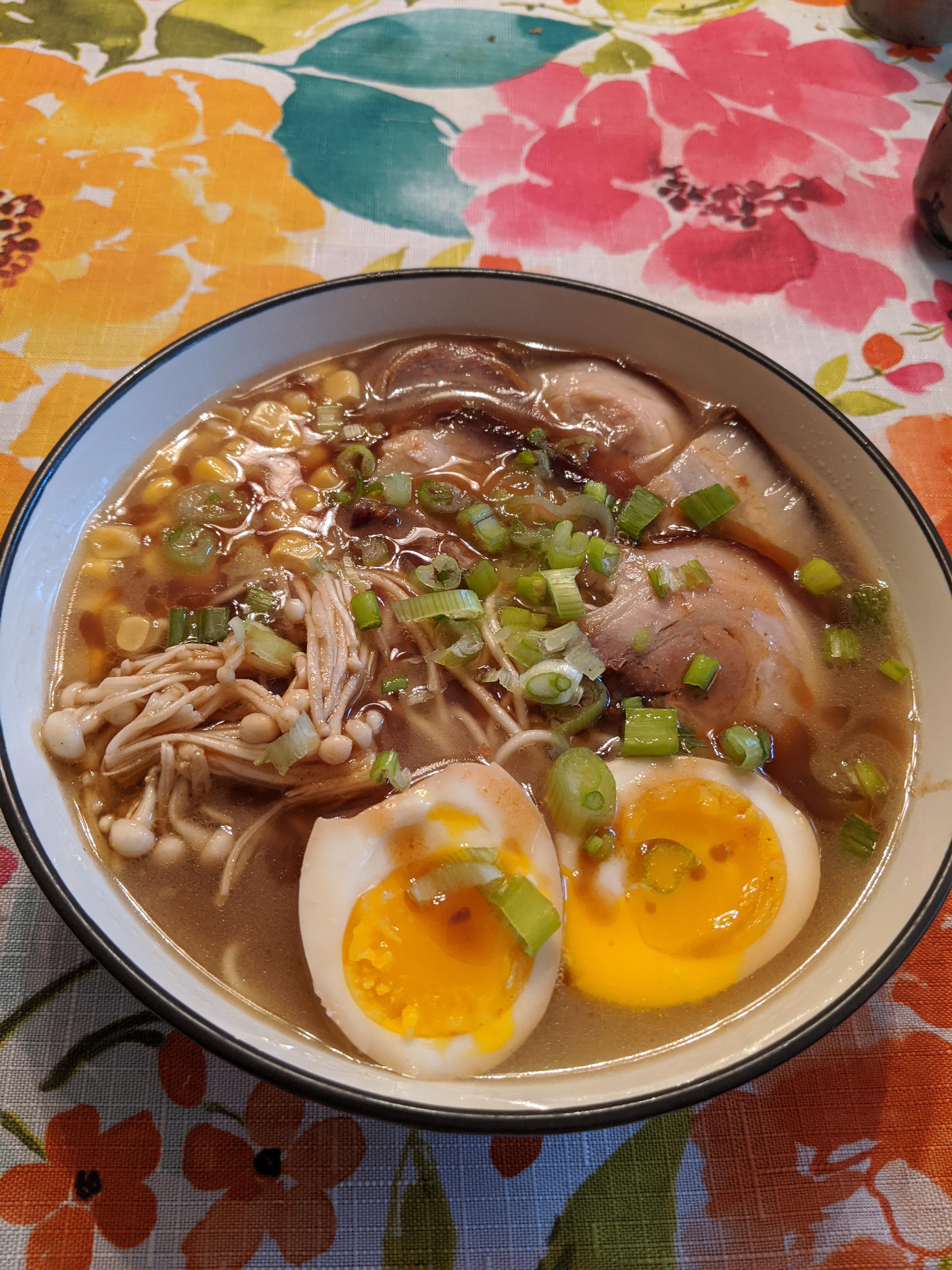 Shoyu Tonkotsu Ramen with Chasu pork, enoki mushrooms, and soft boiled