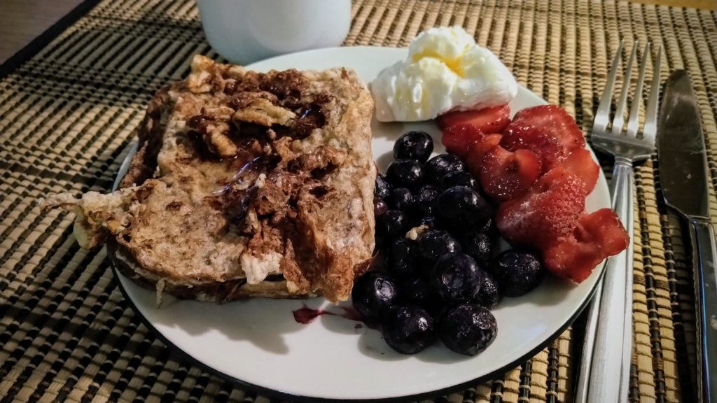 Good morning! Trying out Coach Greg's french toast recipe. Packed with protein, 299 cals.