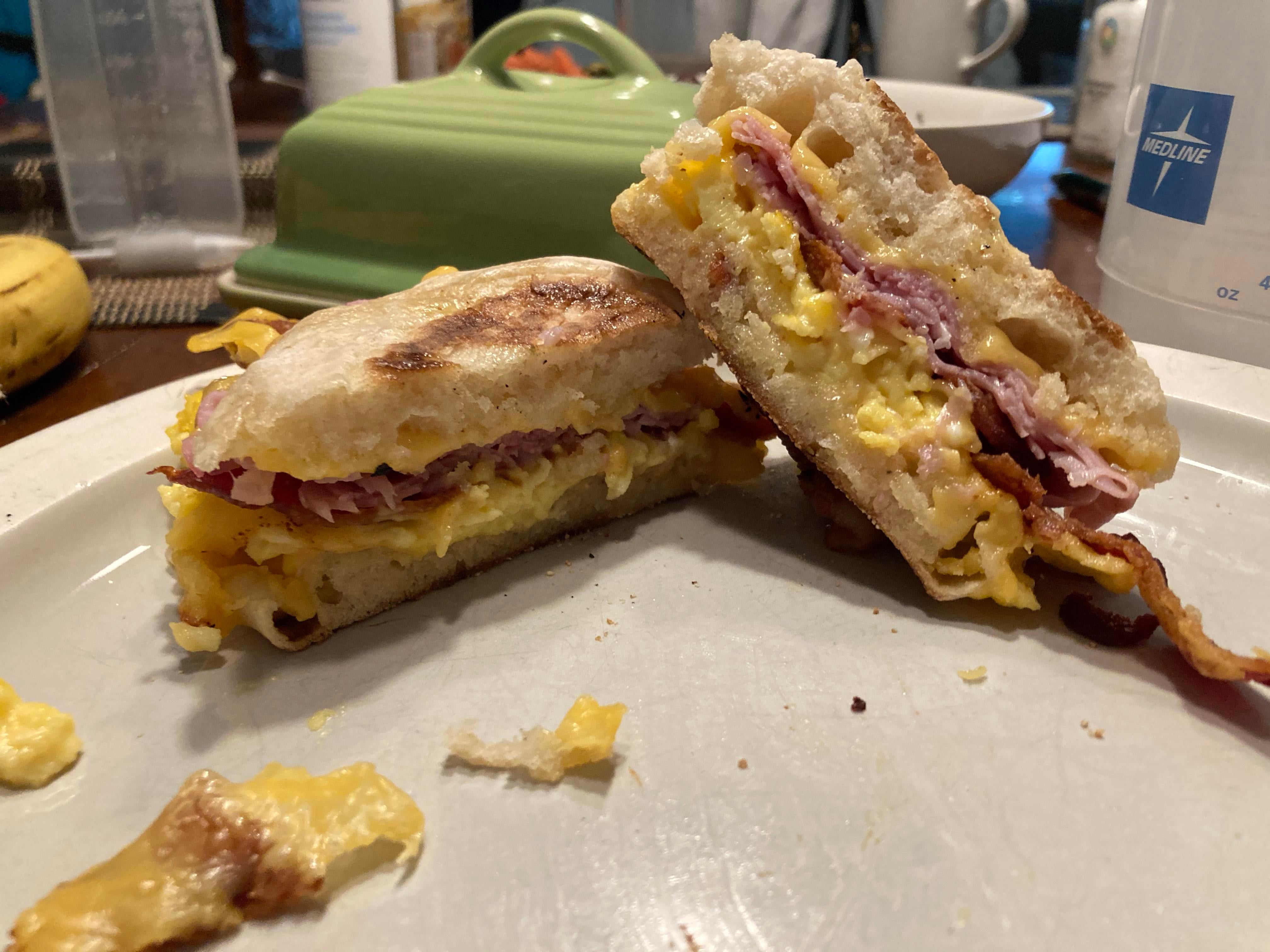 Ham Cheese Bacon Scrambled Eggs On An English Muffin With Butter Lots And Lots Of Butter Dining And Cooking