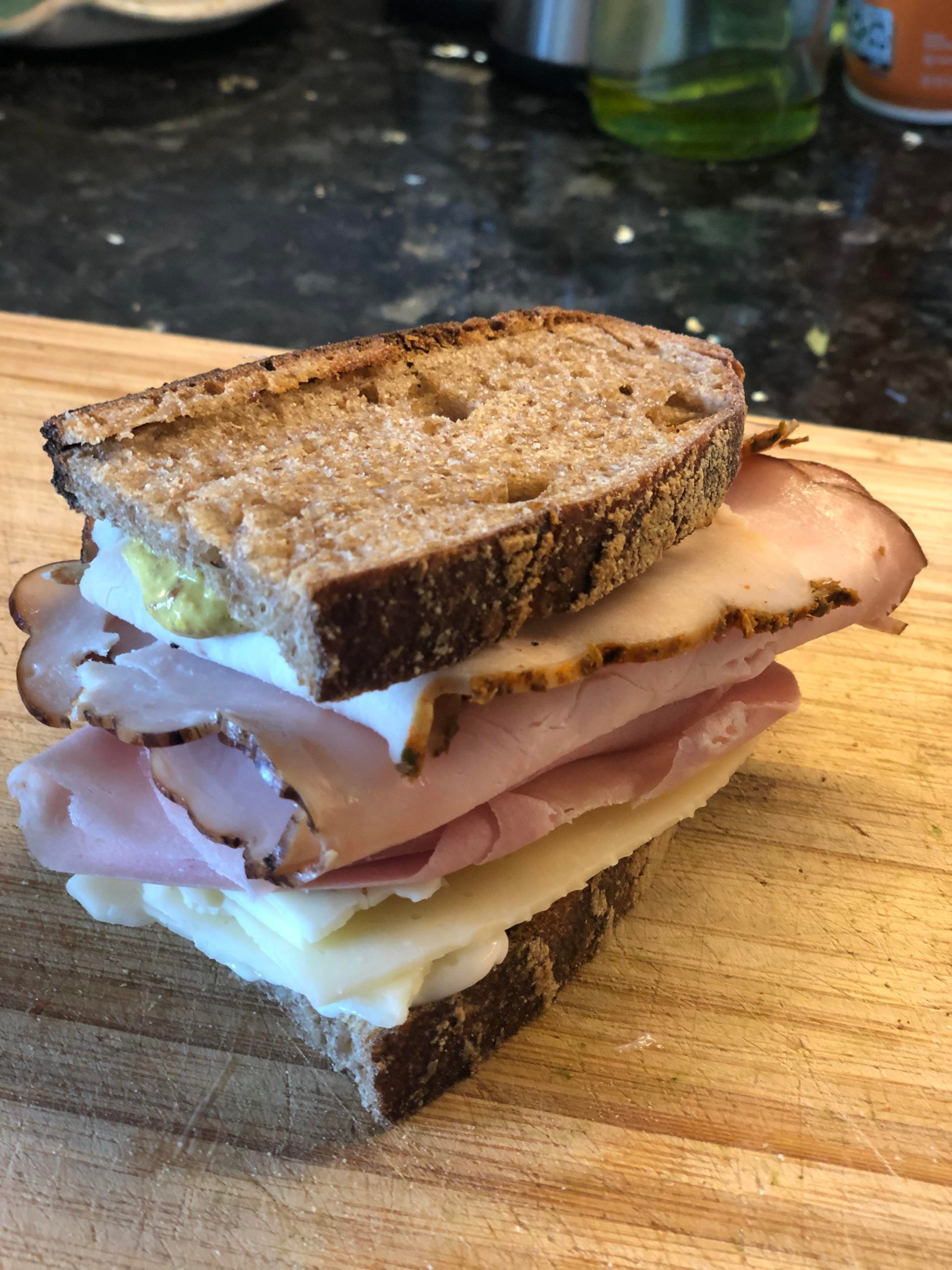 Blackened and maple turkey, mortadella, swiss, and pepper jack on