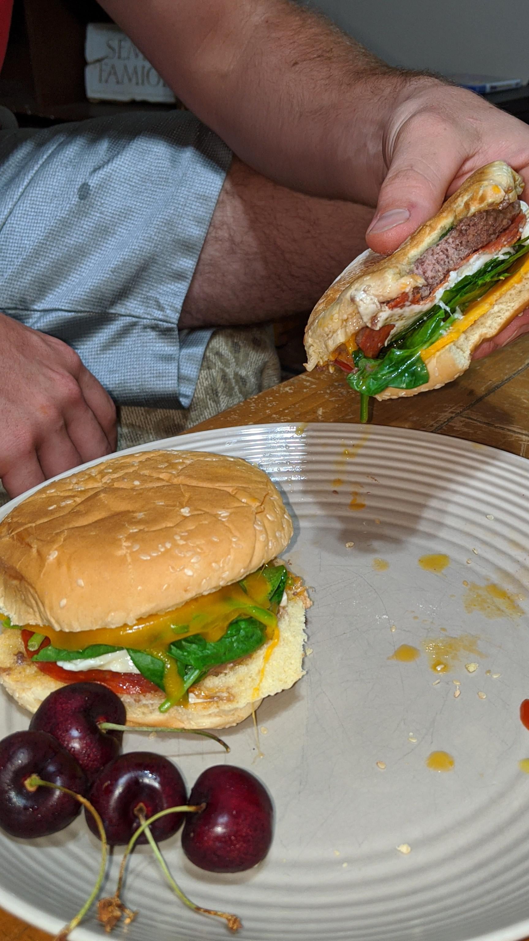 Not the most traditional but... Burger with pepperoni, egg, spinach