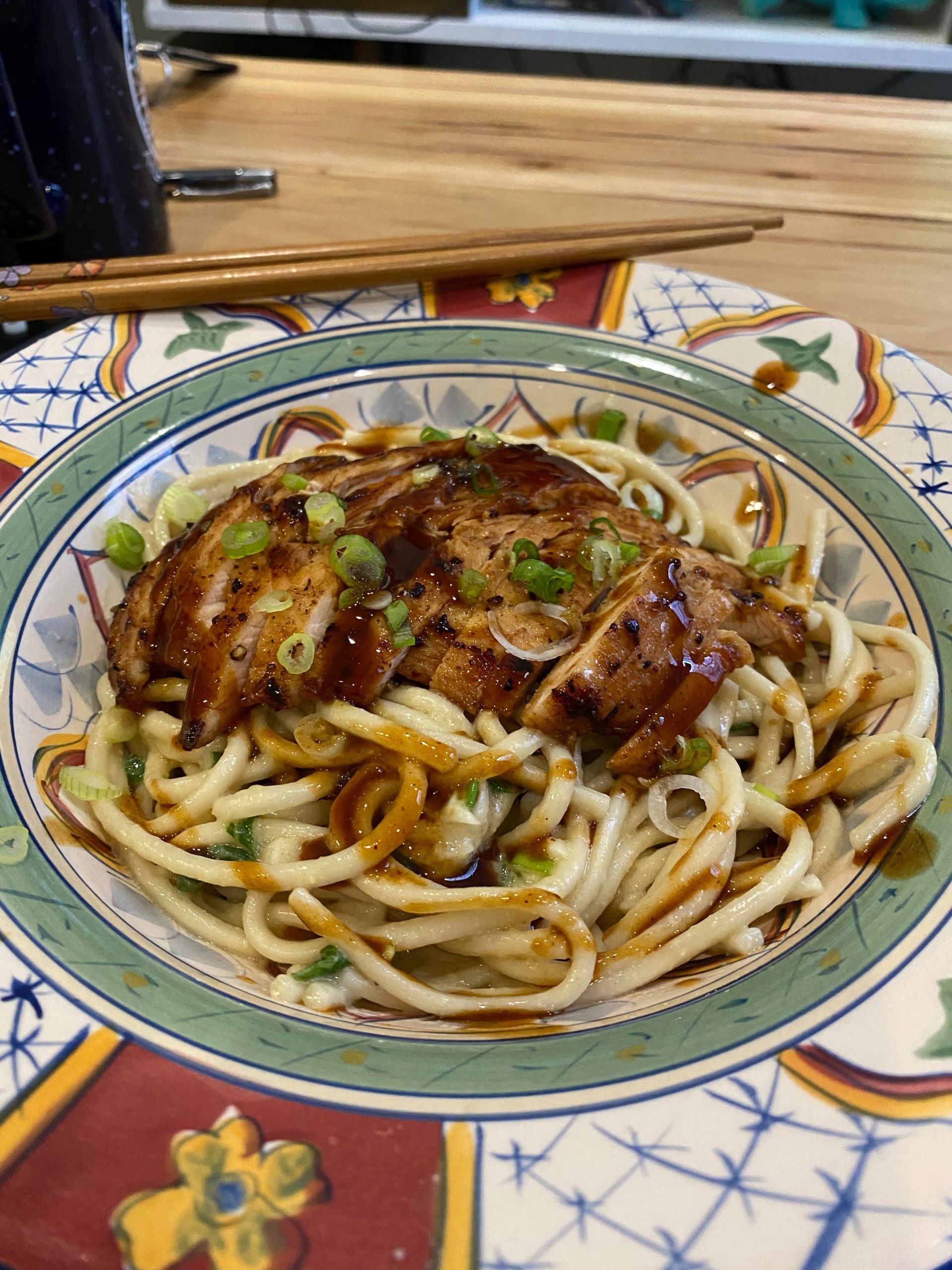 Hoisin glazed chicken with miso butter udon noodles Dining and Cooking