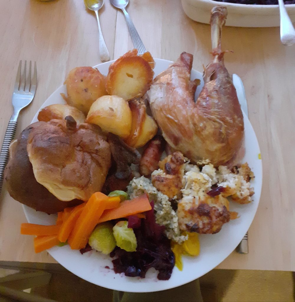 British roast dinner with cauliflower cheese and homemade yorkshire pudding.