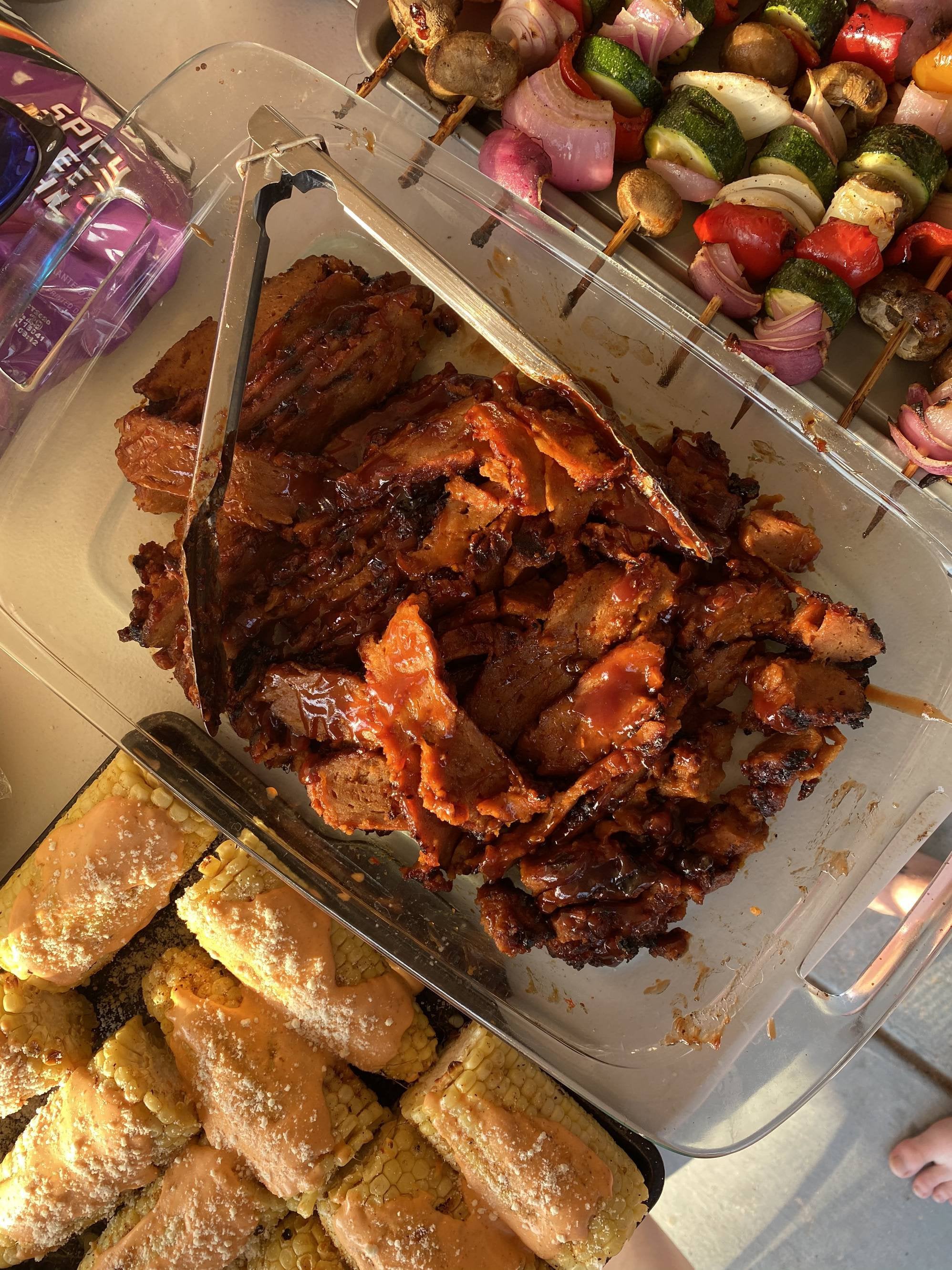 Elote, Seitan Brisket, Veggie Skewers Dining and Cooking