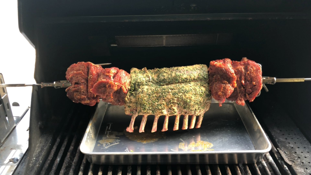Ribeye caps and rack of lamb on the Weber rotisserie!