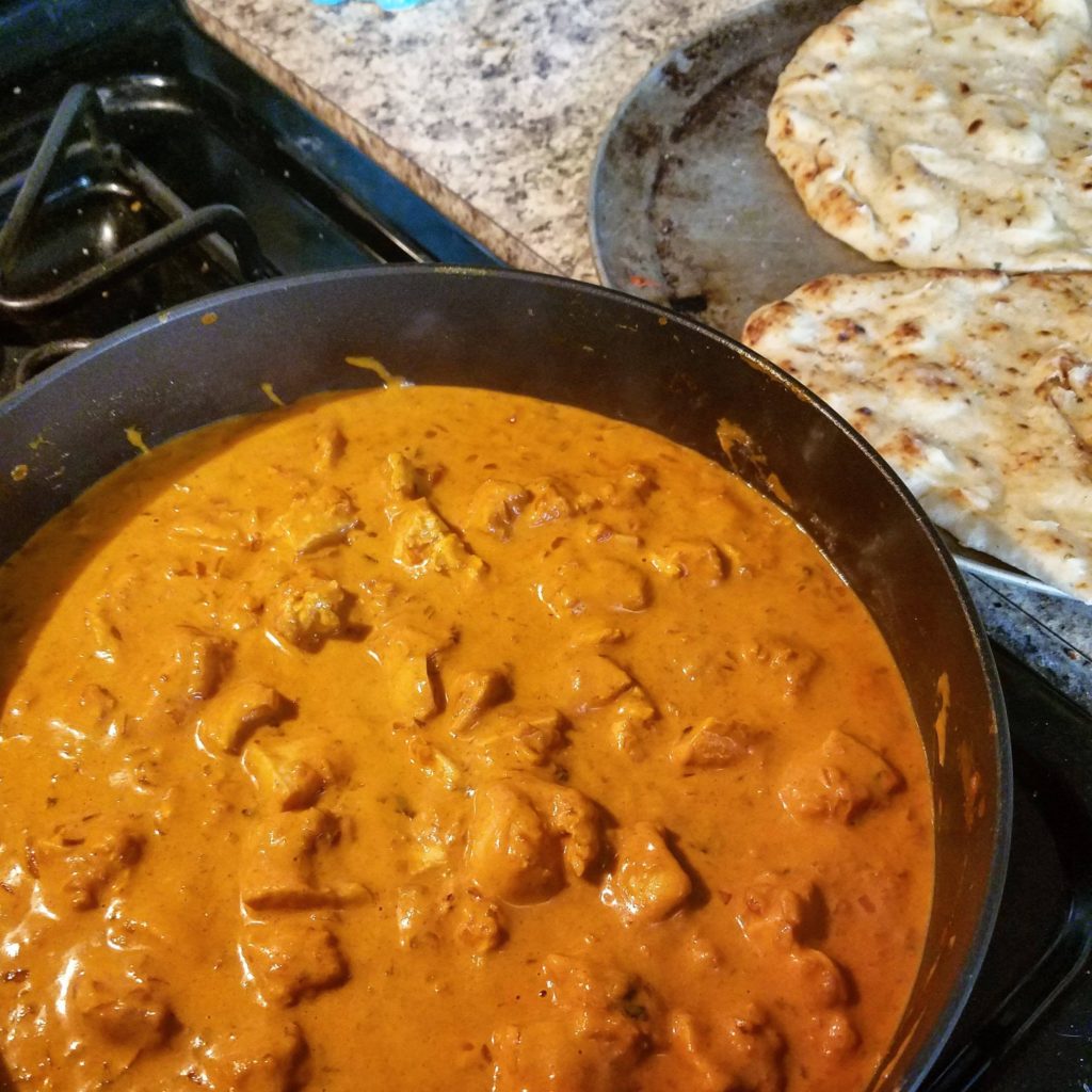 Chicken tikka masala and garlic naan (jasmine rice not pictured)