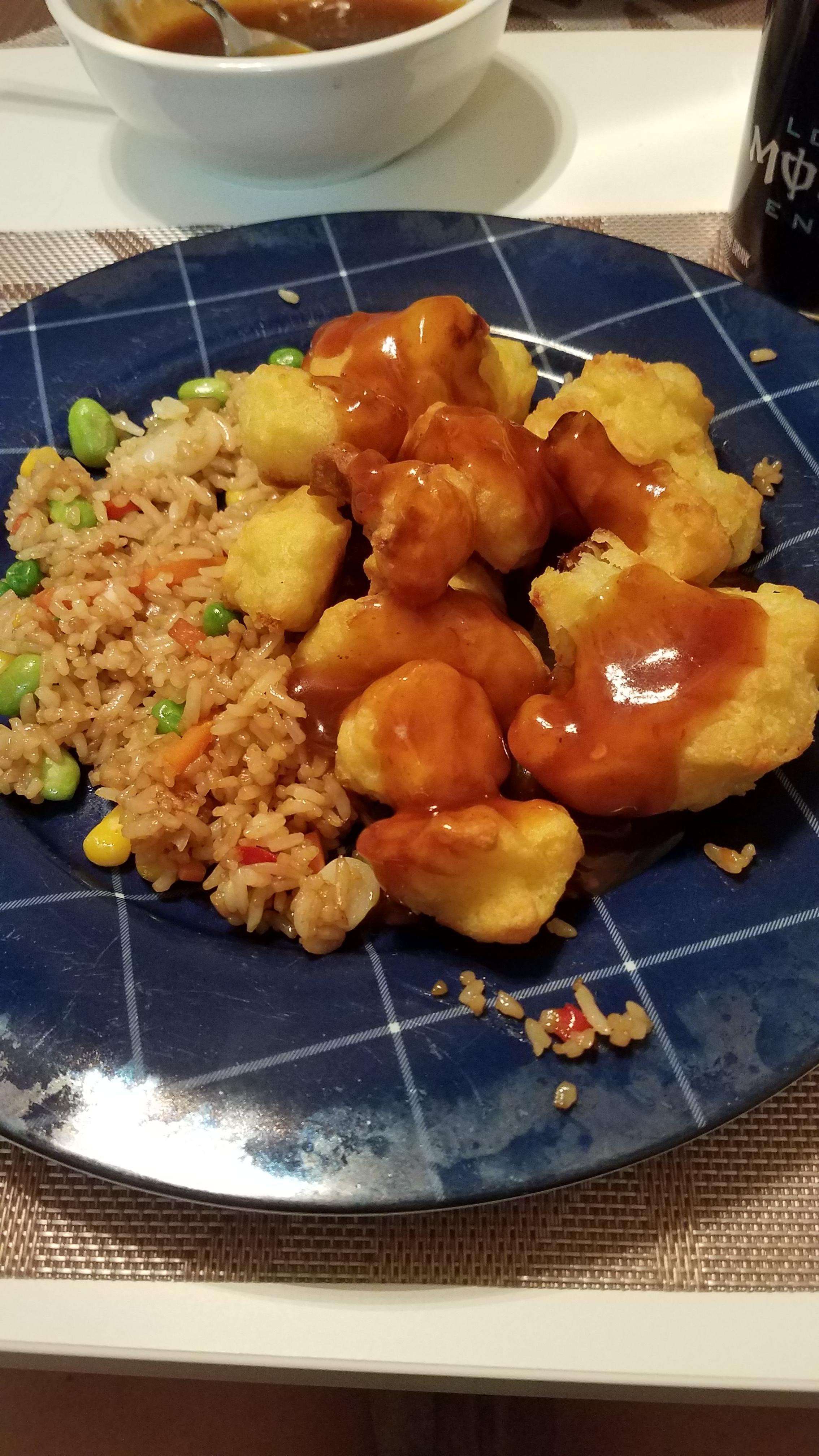 Kung Pao cauliflower and veggie fried rice courtesy of Trader Joe's