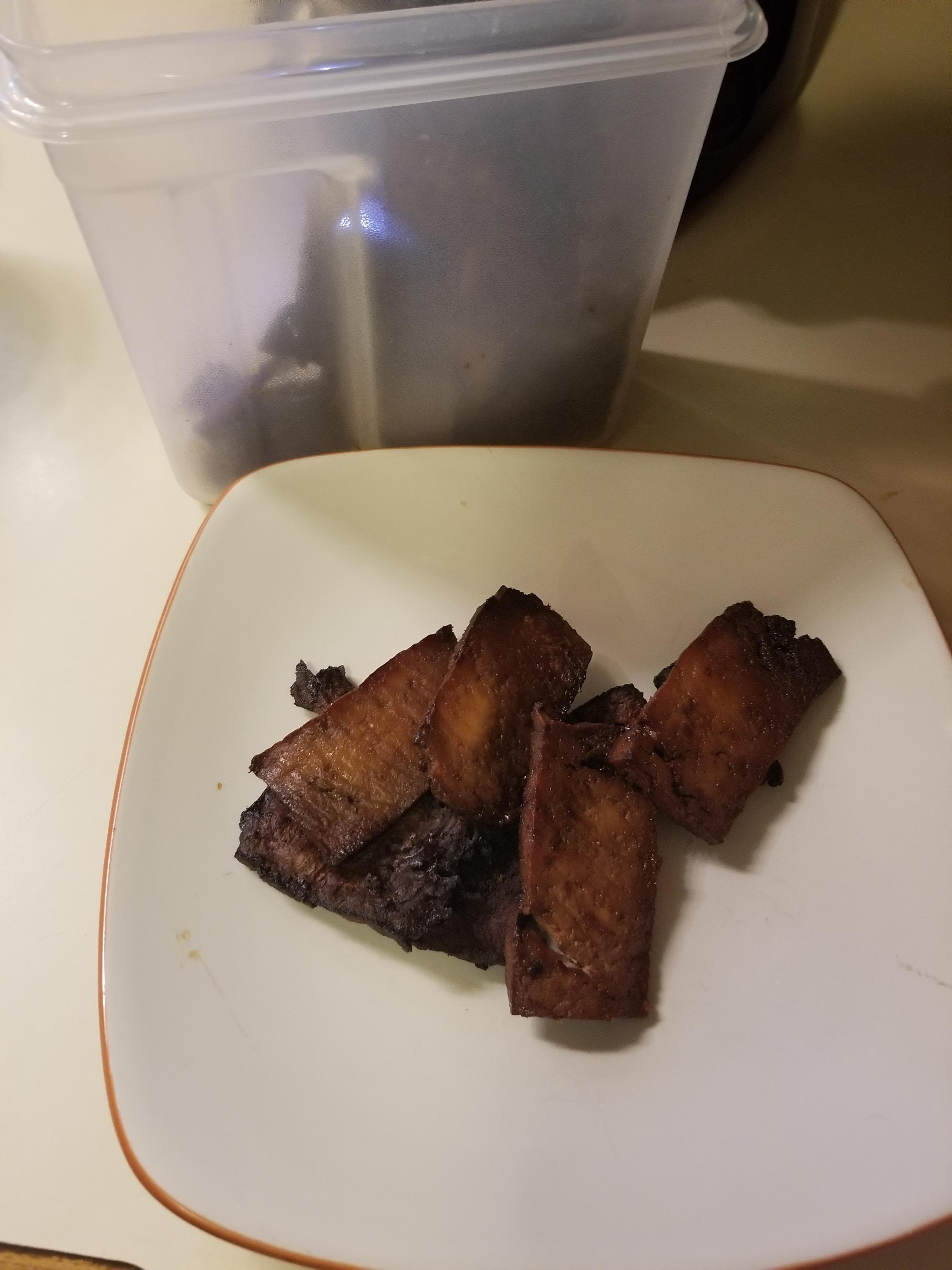 First attempt at sriracha tofu jerky. Dining and Cooking