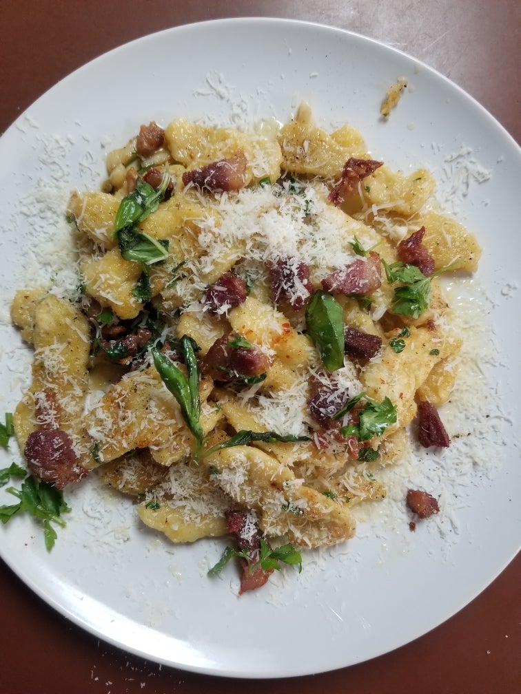 Egg Pasta with Basil, Parsley, Chili flakes, Beef Bacon, and Parmesan Dining and Cooking