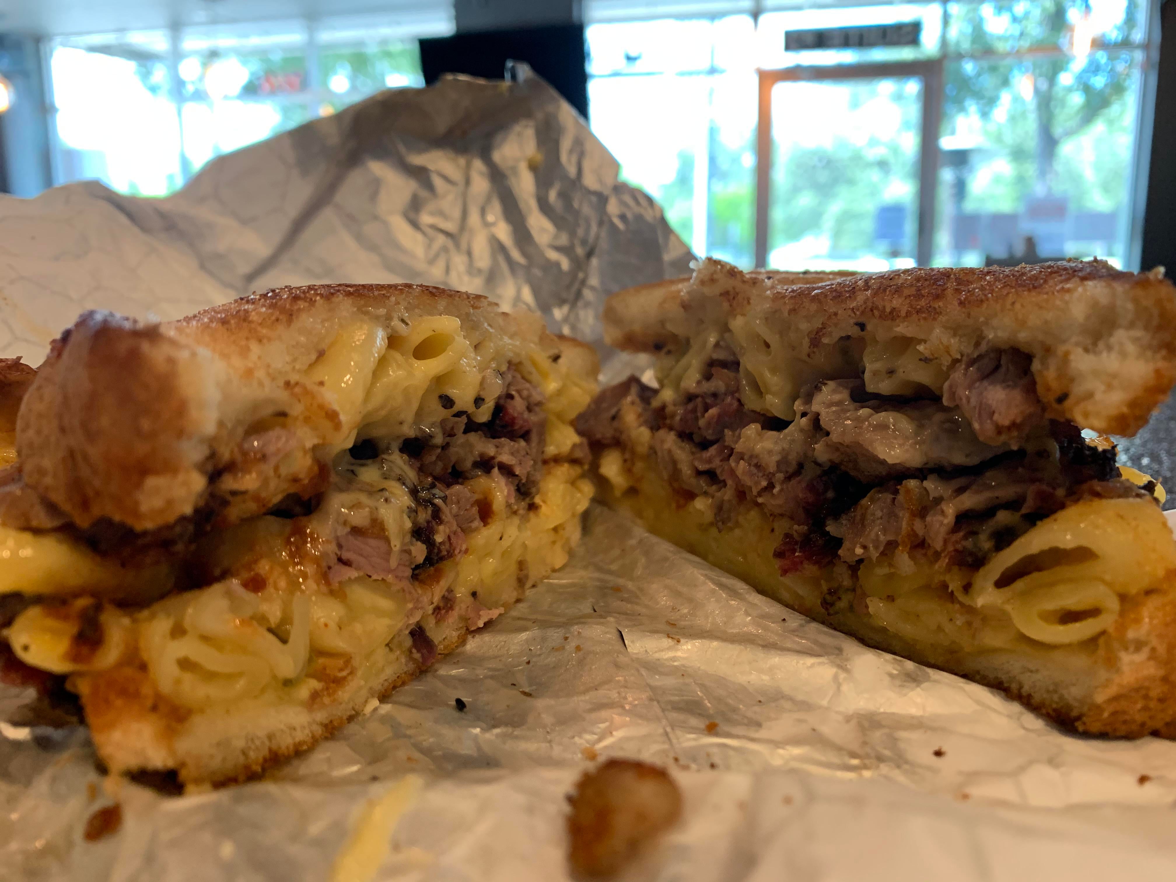 New brisket grilled cheese sandwich with macaroni from Holy Smoke in
