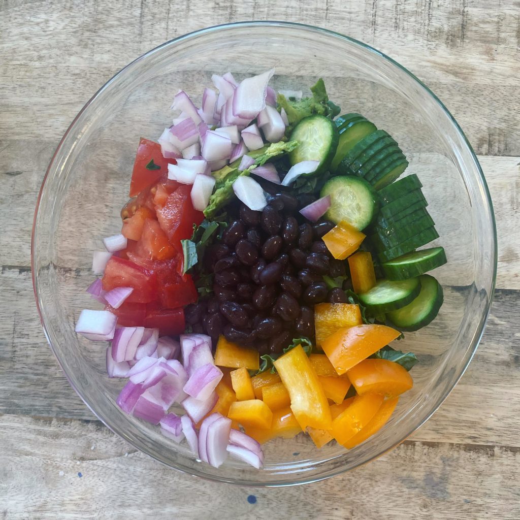 Whole food plant based salad for lunch. Not pictured: bed of kale from my garden.