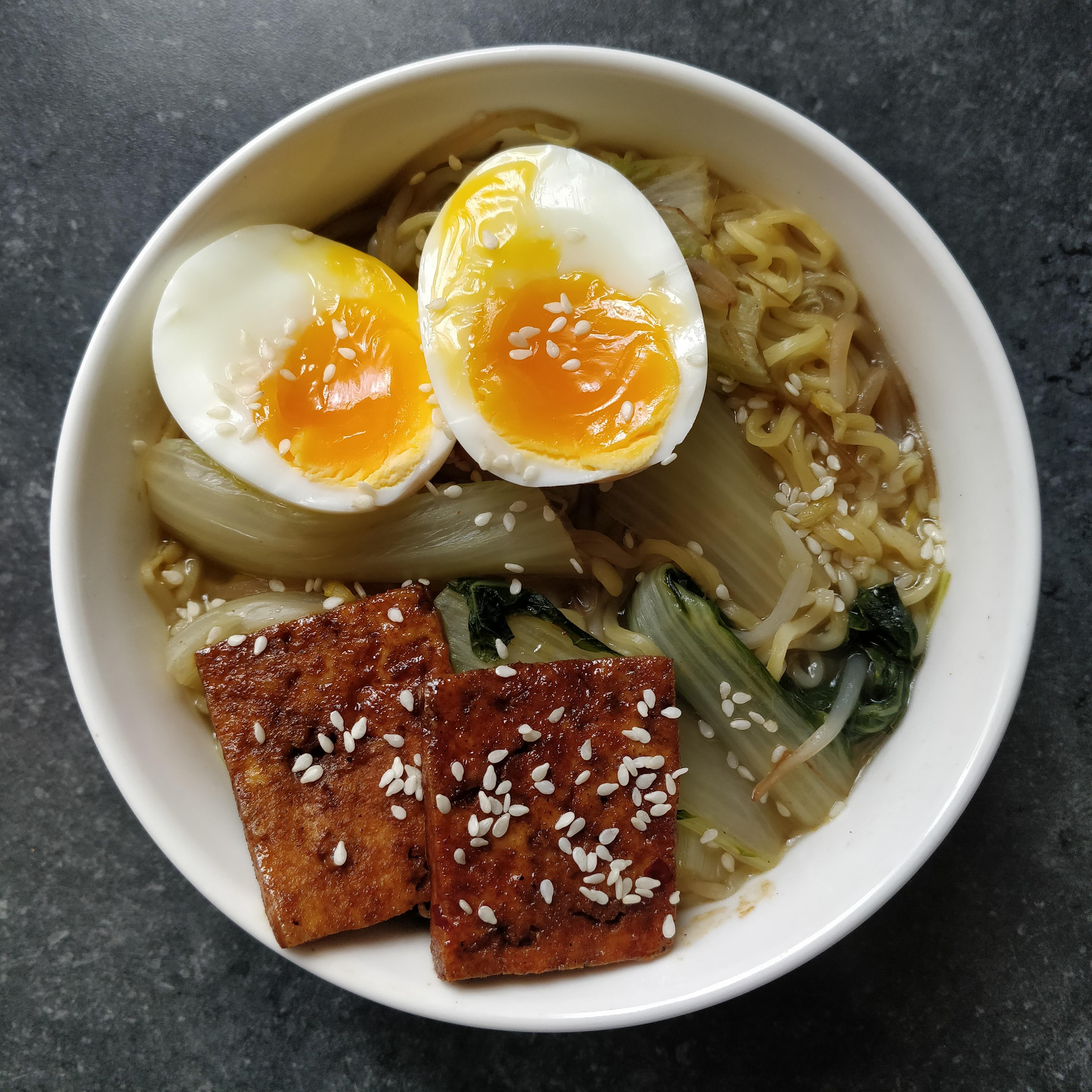 Pimped my instant noodles with soy maple glazed tofu, eggs, and some