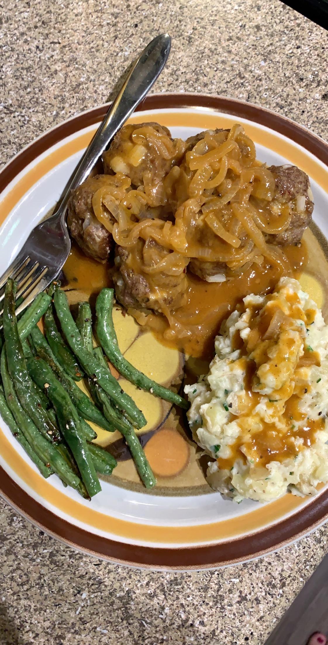 Onion gravy smothered meatballs, with chive & garlic mashed potatoes
