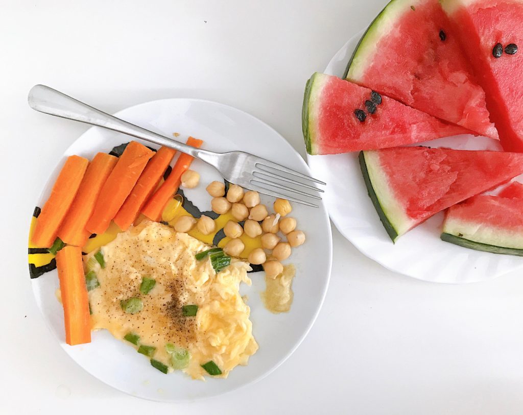 Breakfast: omelette with green onions and watermelon🍉🍳🥕 340cal.