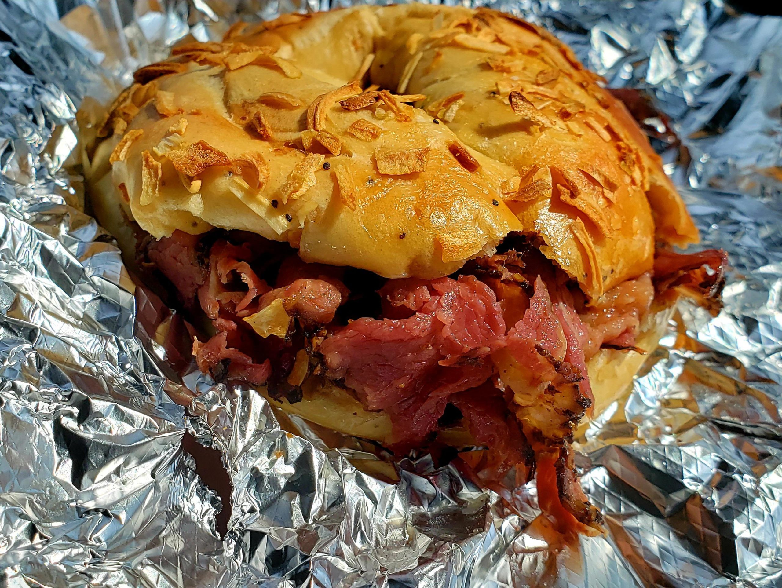 Hot Pastrami on Freshly Made Onion Bagel Dining and Cooking