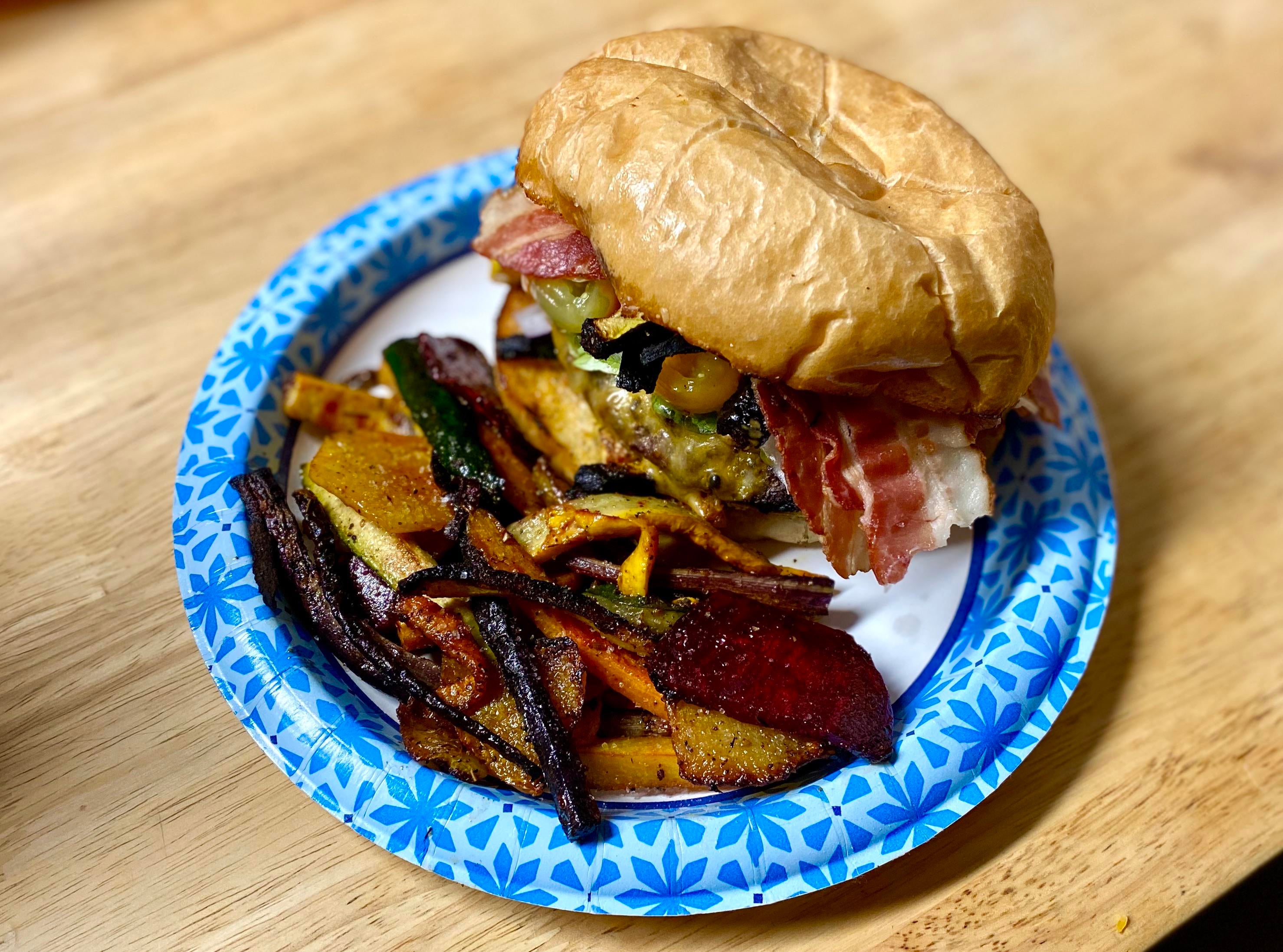 Bacon cheeseburger with all the fixins and grilled vegetable medley