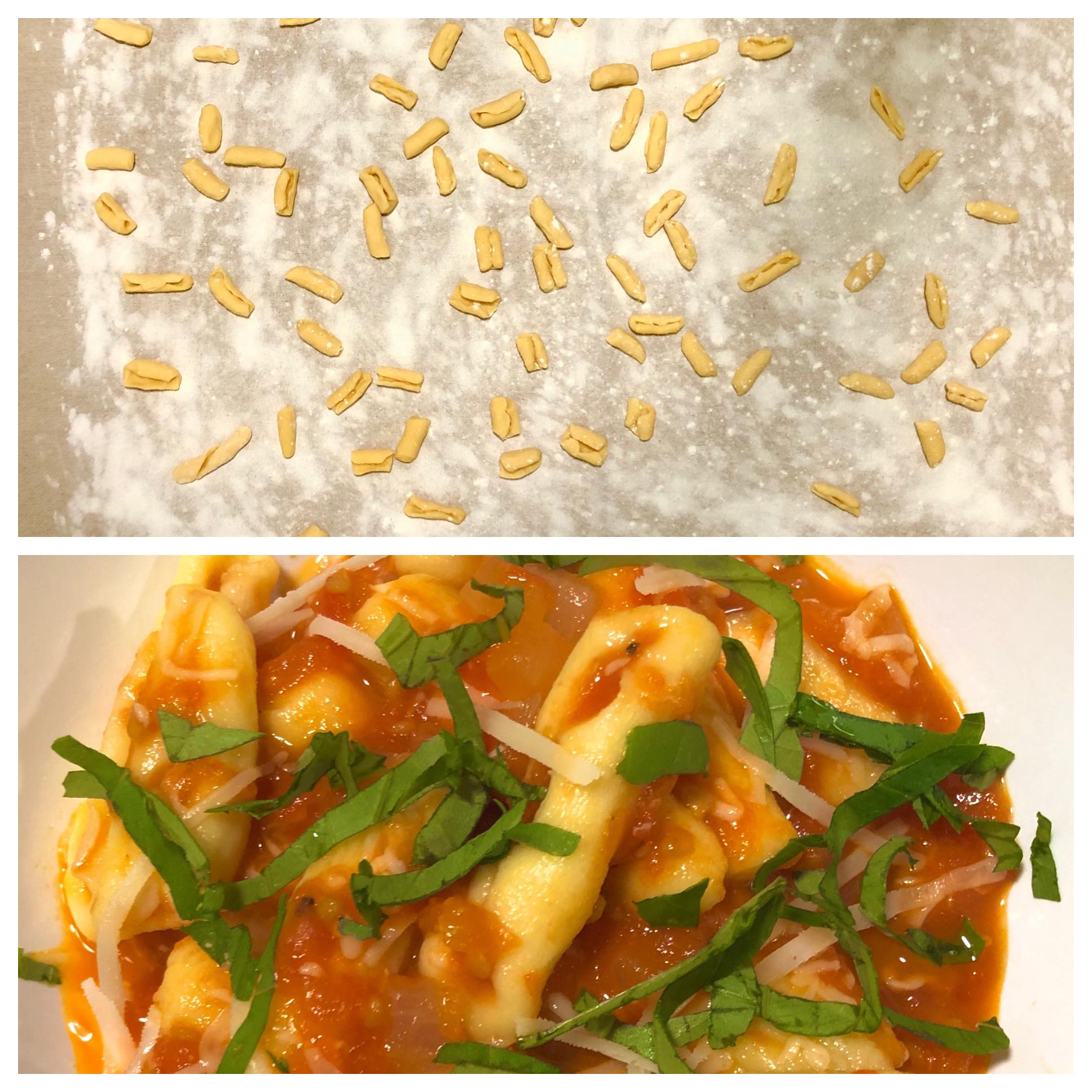 Cavatelli made by hand. Sauce made with fresh tomatoes. Basil picked