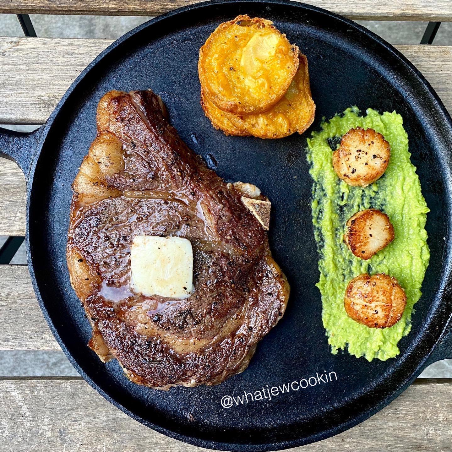 [Homemade] SousVide to CastIron BoneIn Ribeye, Scallops over Pea