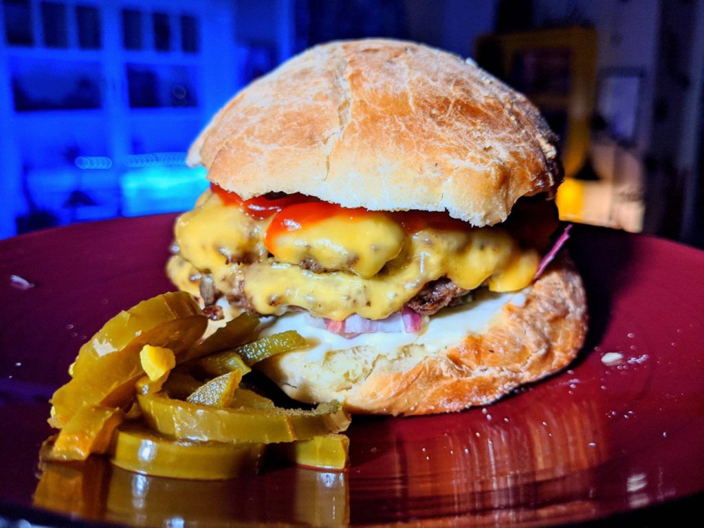 Double smash cheeseburger with homemade buns!