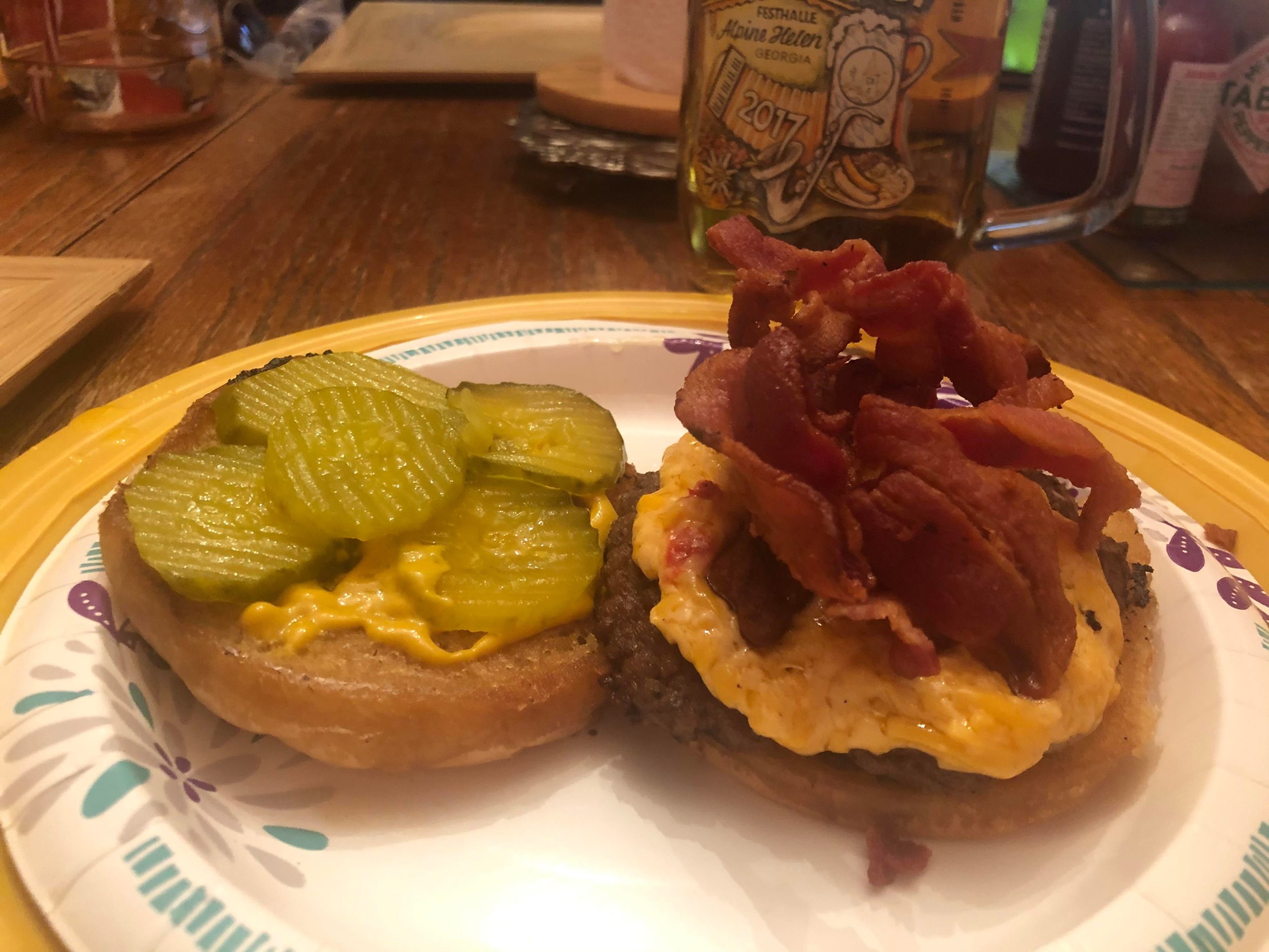 Smash Burger made on the griddle with Pimento Cheese, Bacon, pickles
