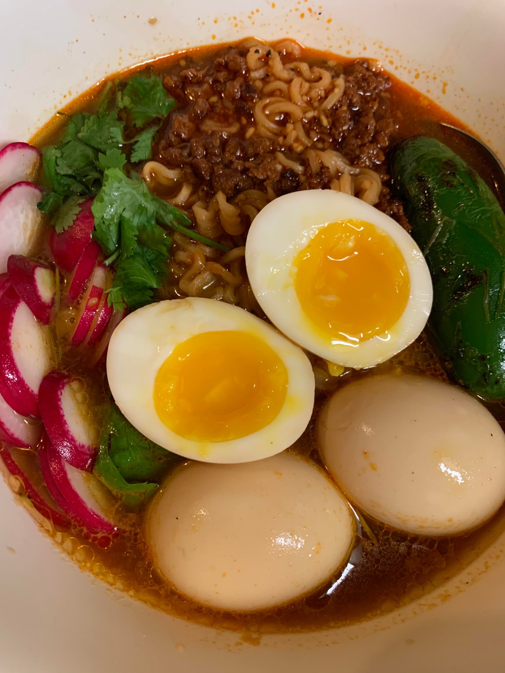 Dinner Instant ramen with soy chorizo, cilantro, radish, a grilled