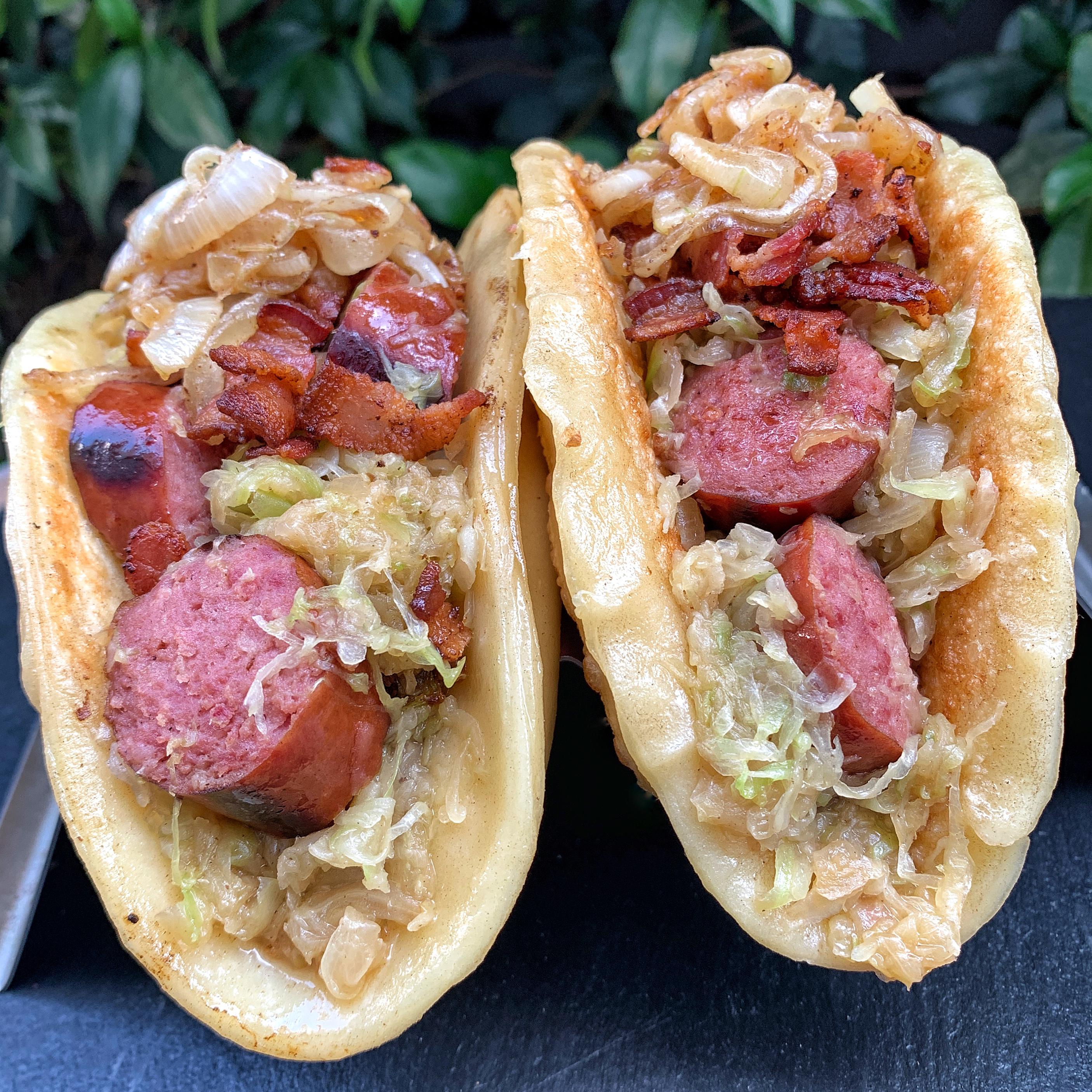 Polish Style Taco with pierogi taco shell, stuffed with sauerkraut and