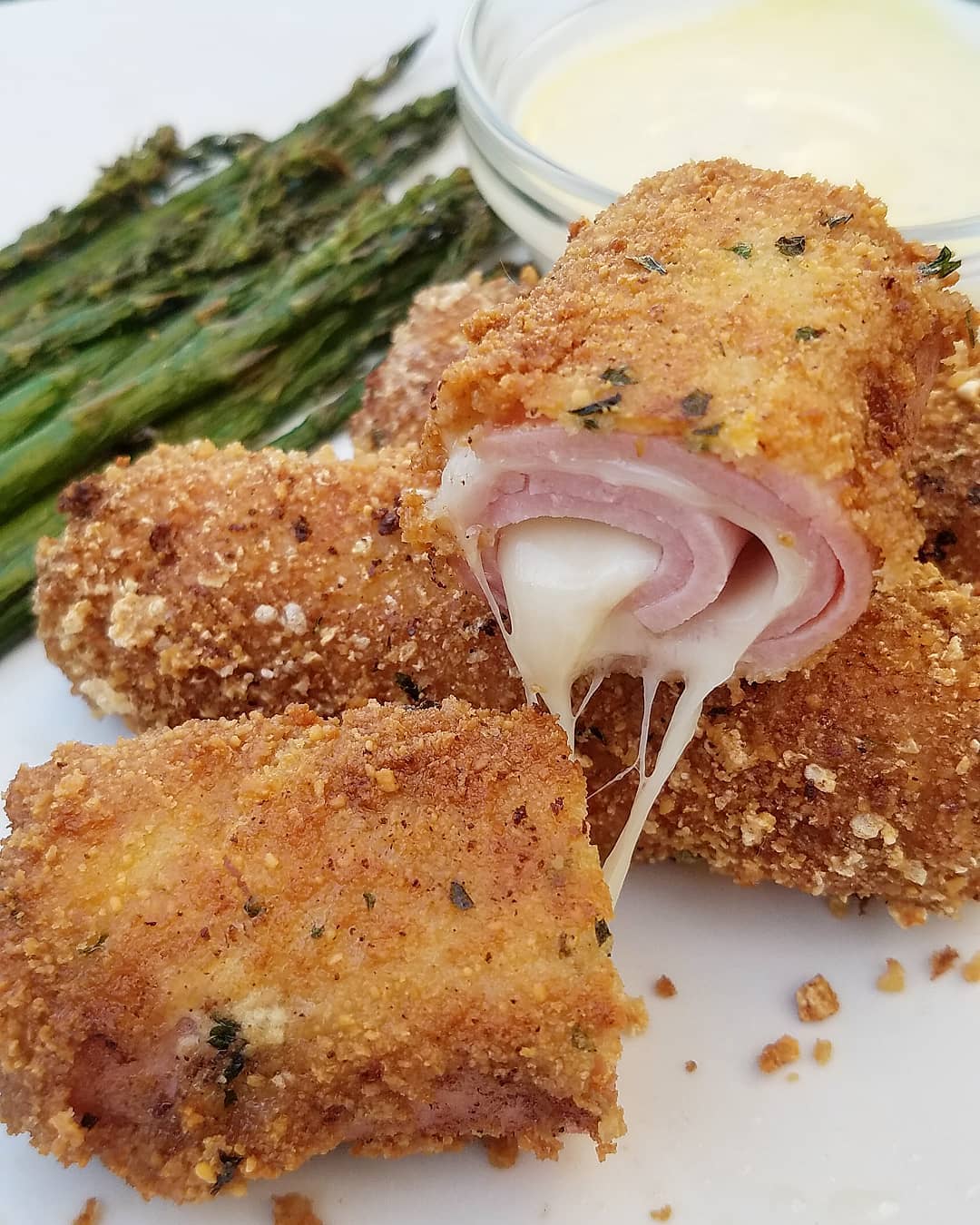 Ham & Swiss Rollups with Honey Mustard Mayo and Asparagus on the side