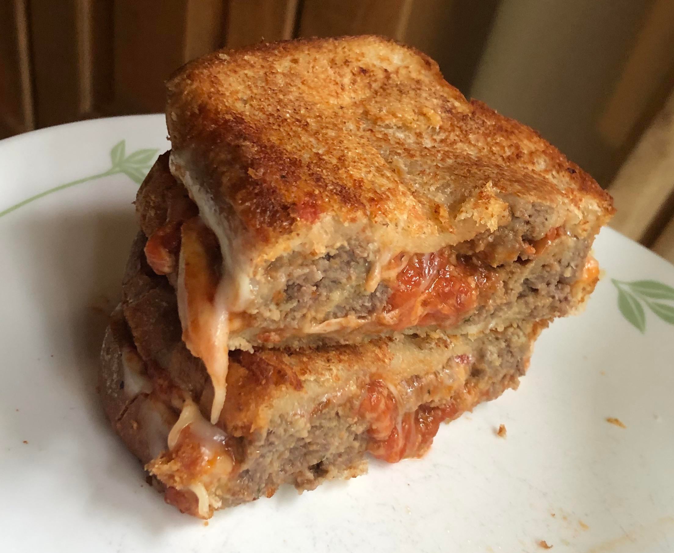 Leftover Meatball Parm with Provolone on Griddled Parmesan Crusted