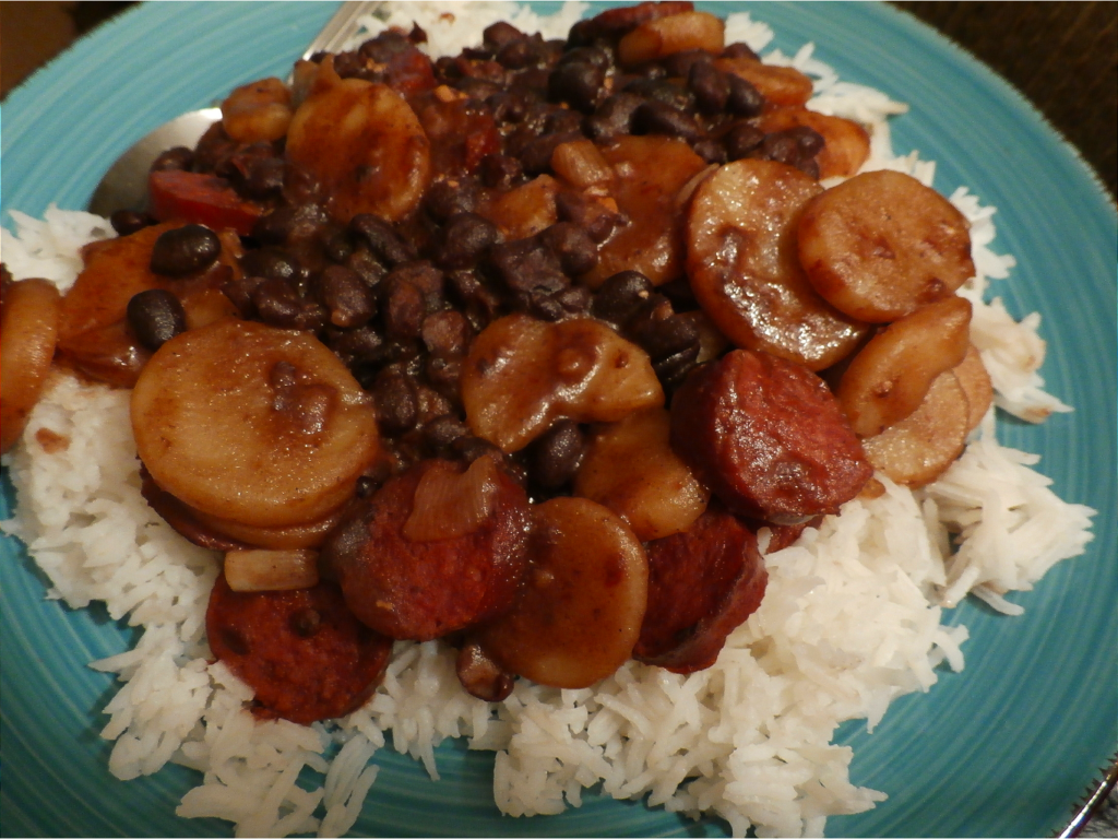 kielbasa,potatoes, southwest black beans on rice. Dining and Cooking
