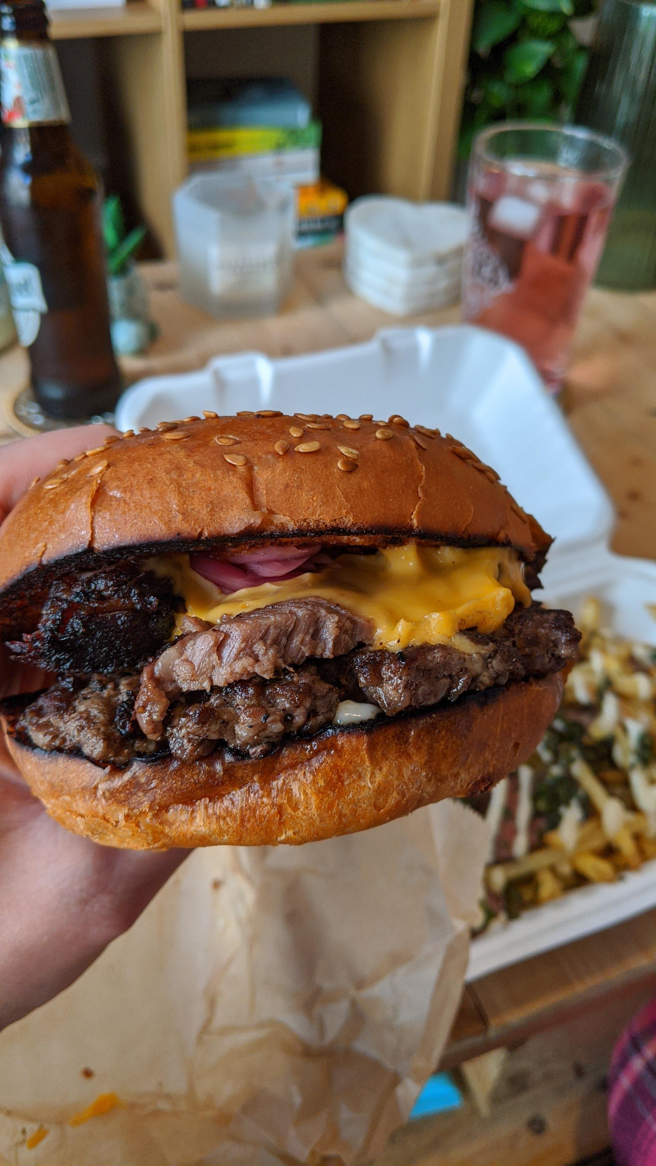 Big Bad Brisket Burger 12hr smoked beef brisket, beef patty, American