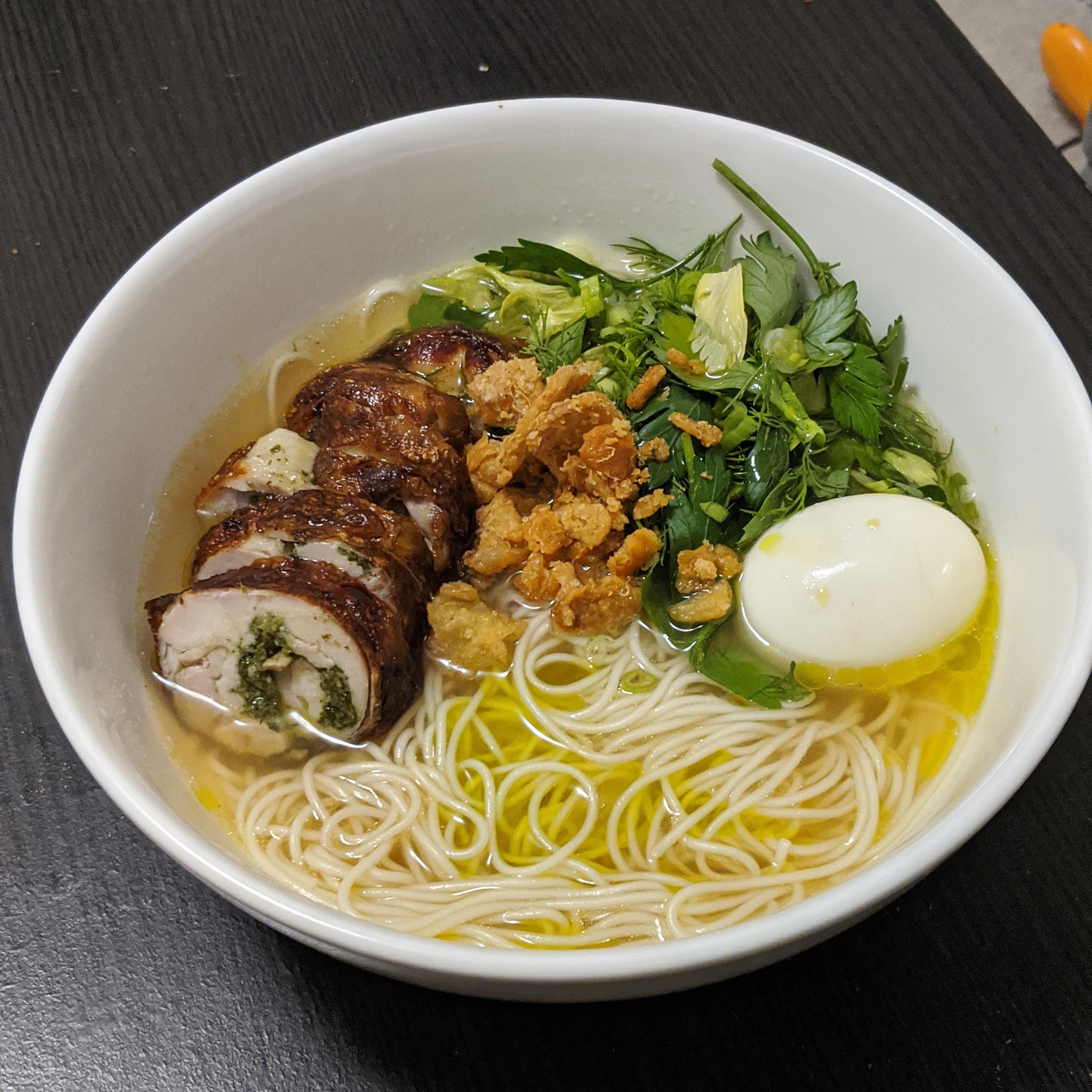 Herbal Lemon Shio Ramen w/ chicken thighs, crispy chicken skins and cured egg Dining and Cooking