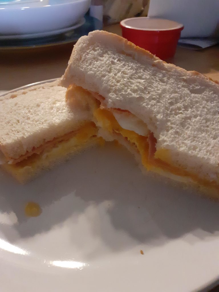 Vegetarian "Mega Protein" sandwich. Quorn 'ham's mycoprotein and an egg fried in a little bit of oil with some mayo