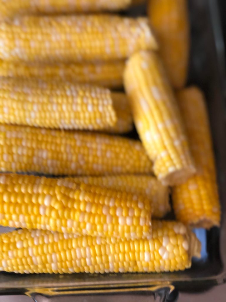 It’s sweet corn season! Bulk cooked to cut off the cob to eat and freeze. Yum!