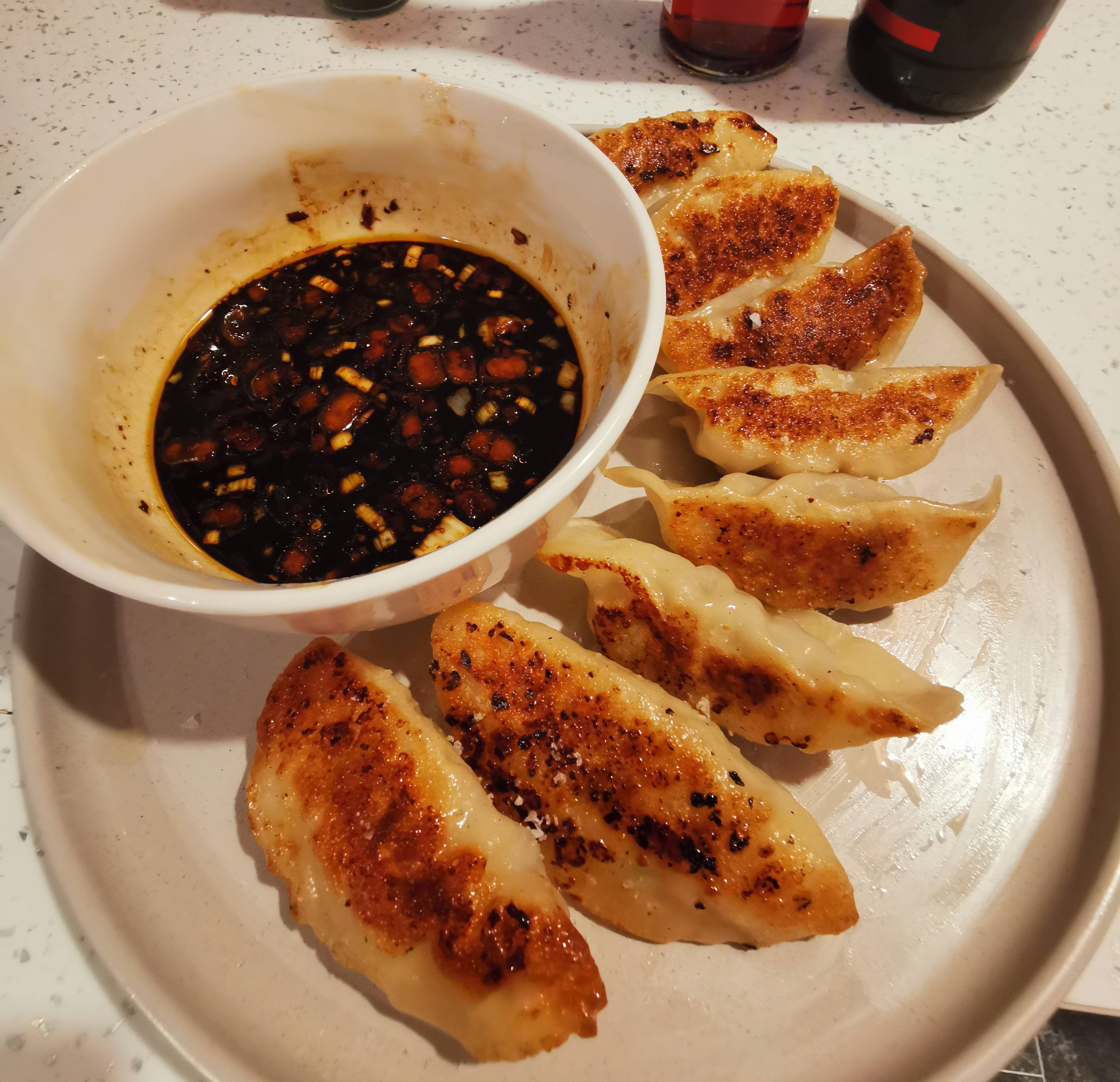Pork Gyoza. First time making em, and they're good Dining and Cooking