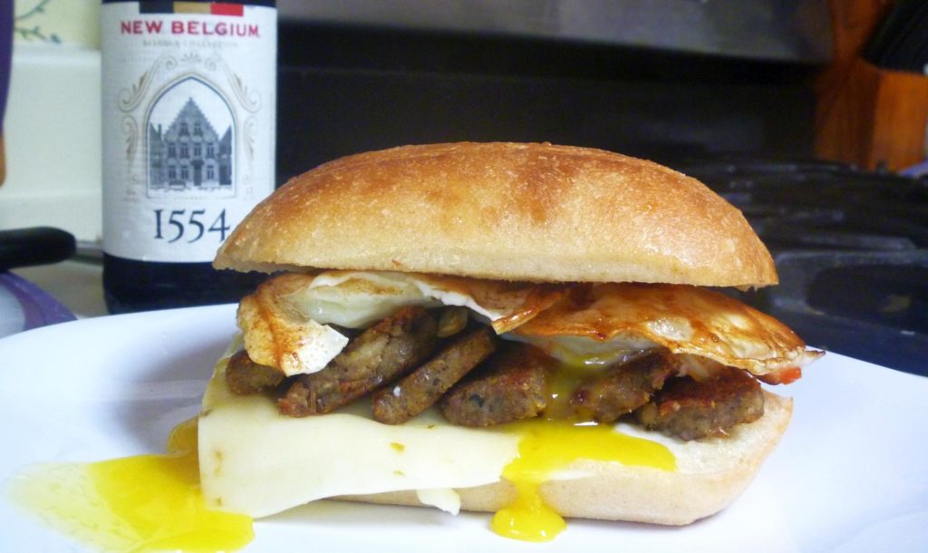 Breakfast: Home made scrapple (extra crispy), fried eggs, and pepper jack cheese.