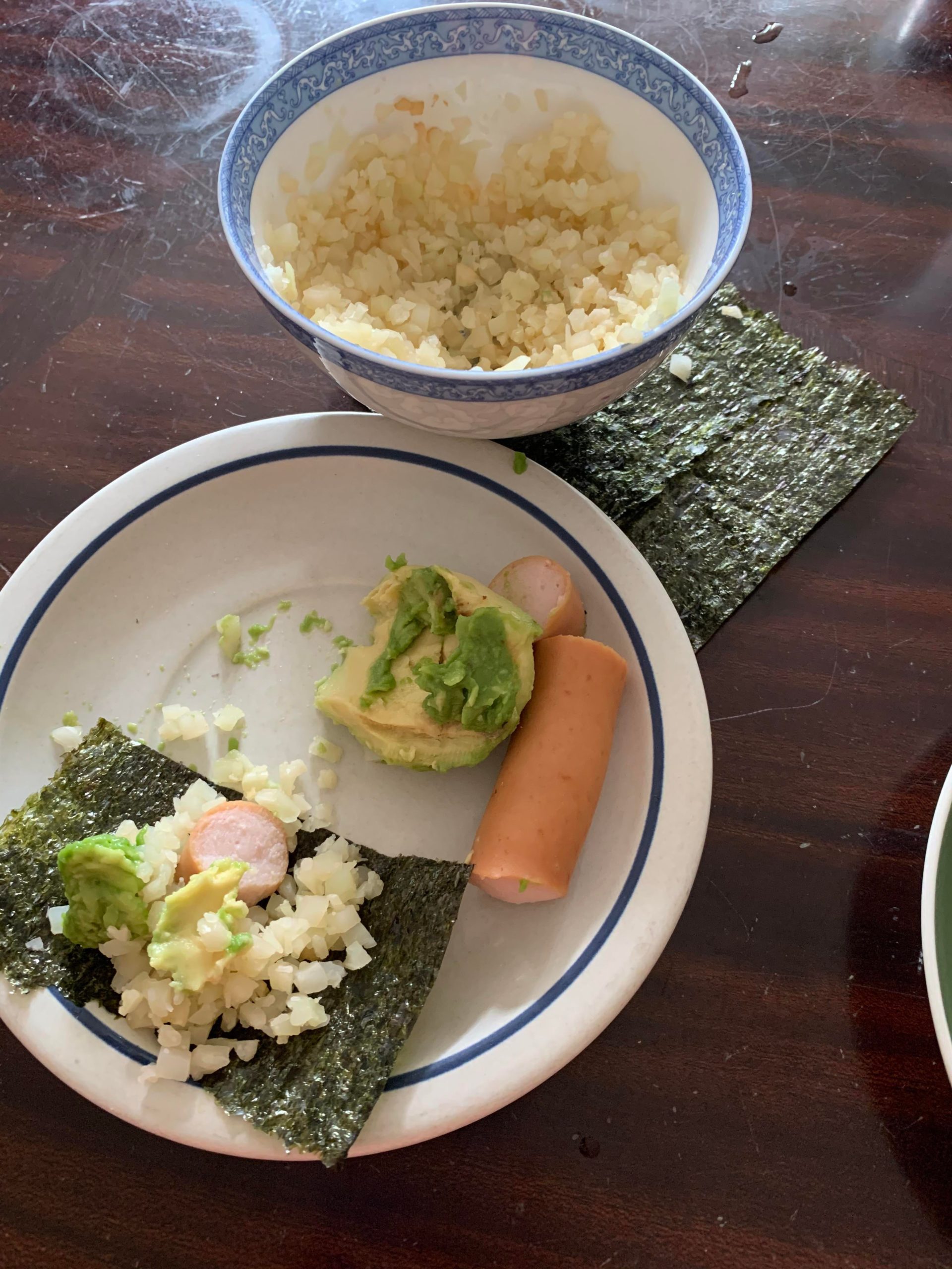 Open “sushi” wraps with cauliflower rice (150 calorie snack/meal