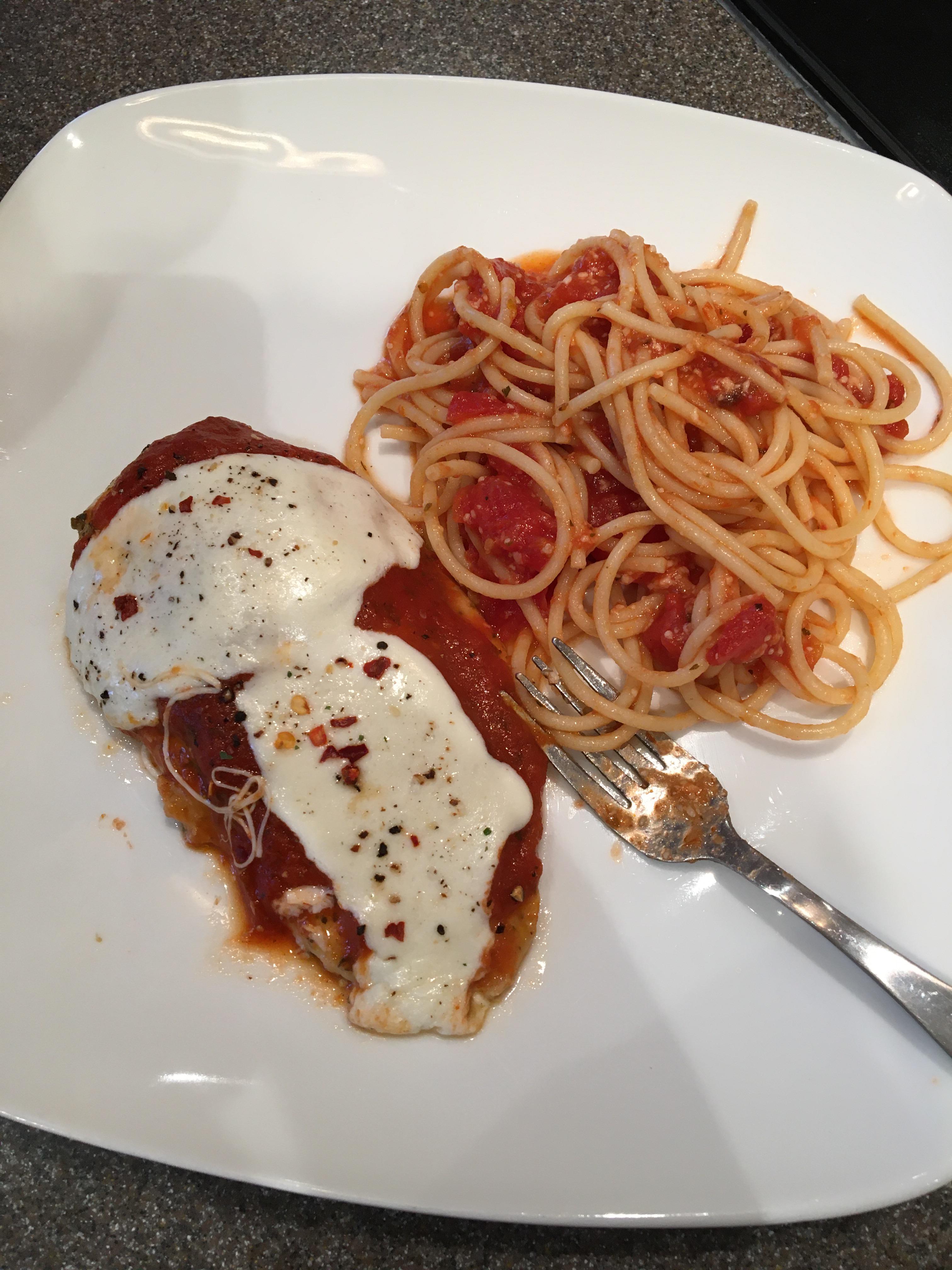 Baked Chicken Parmesan Ish Thing With Spaghetti 345 Calories Dining And Cooking