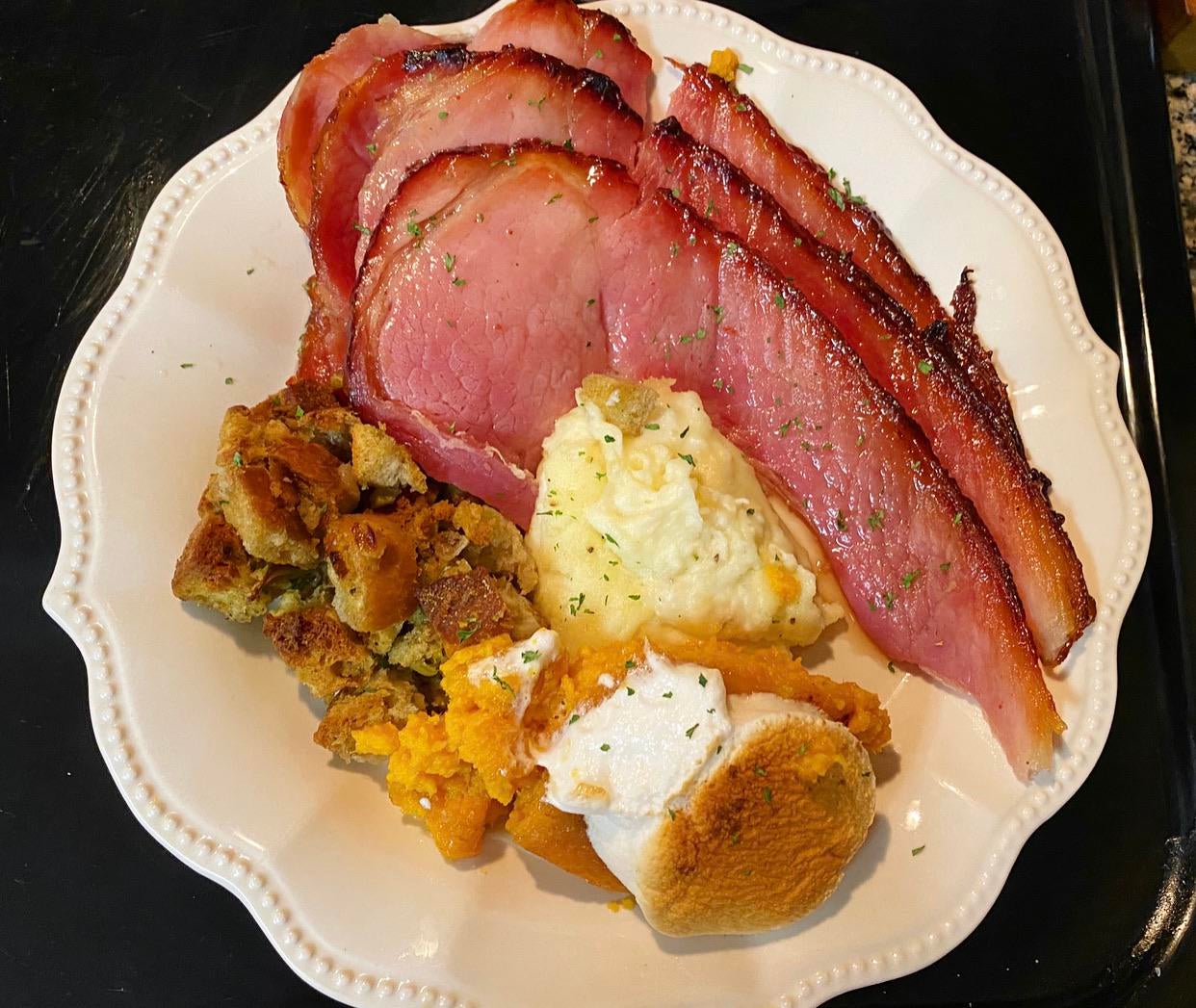 Thanksgiving in July plate. Honeyglazed Ham, Classic Stuffing, Sweet