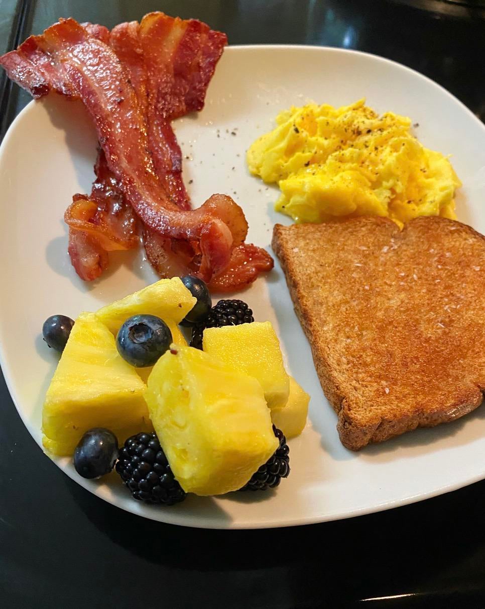 Bacon, Scrambled Eggs, Wholegrain Toast, and my favorite fruits
