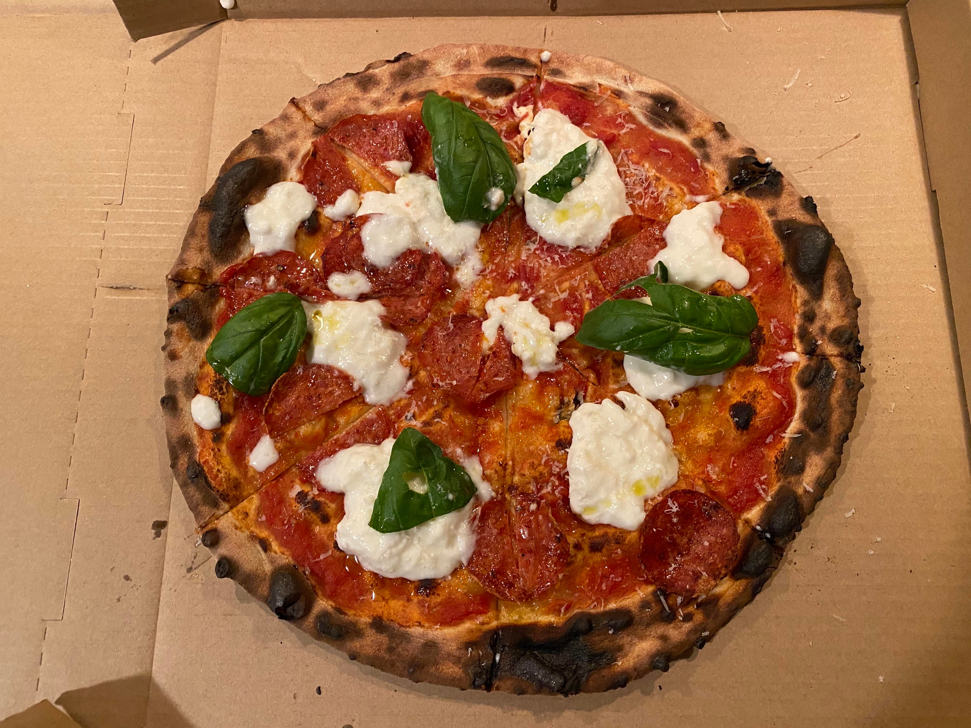 Homemade Spicy Sopressata Burrata & shredded Parmesan Dining and Cooking