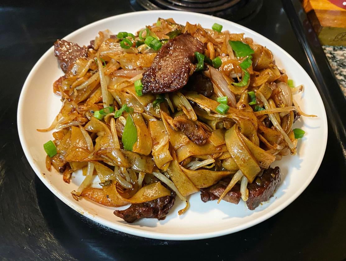 Beef Chow Fun! StirFried Beef and Rice Noodles with Scallions, Bean